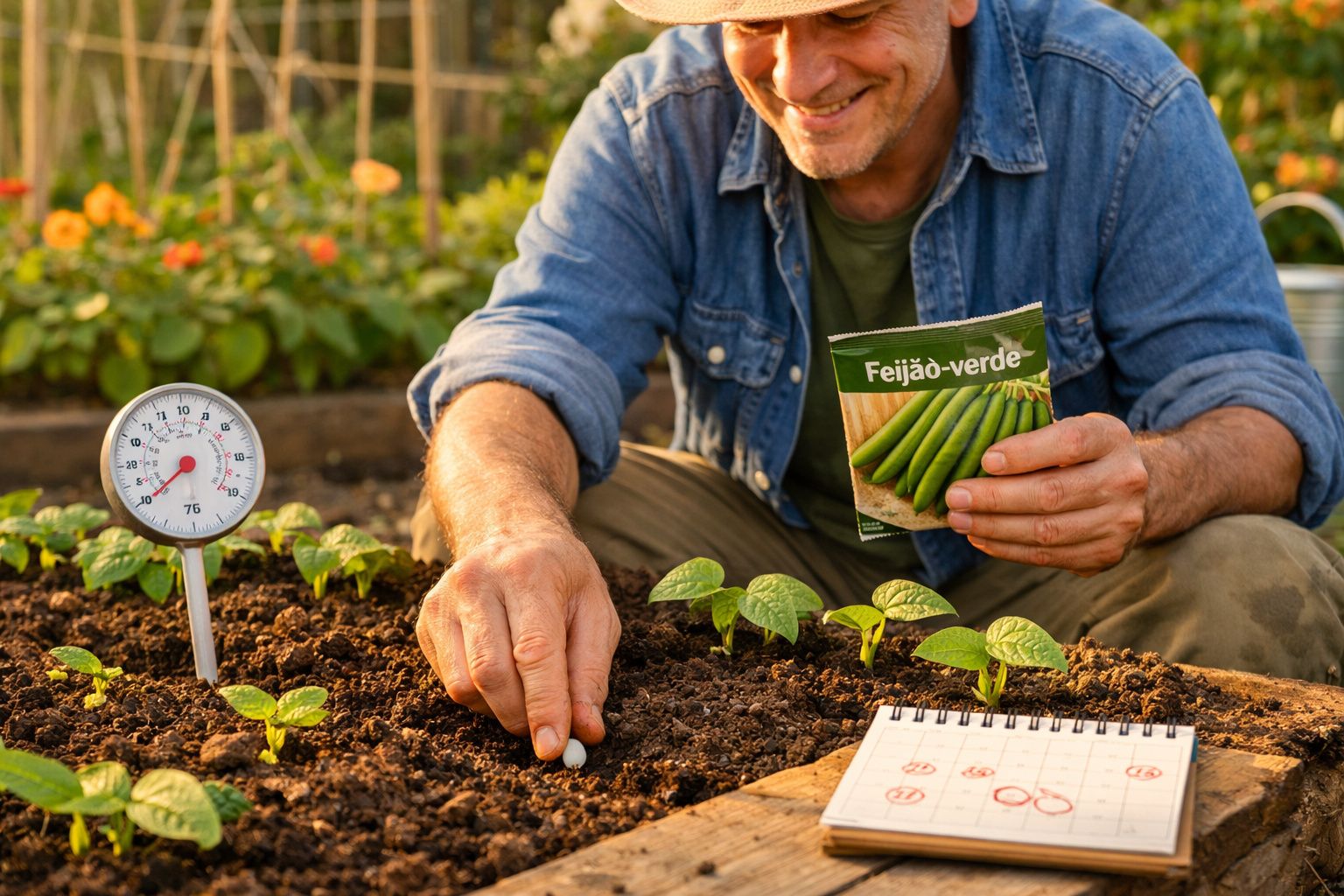 Homem a plantar sementes de feijão-verde num canteiro de jardim com termómetro e caderno ao lado.
