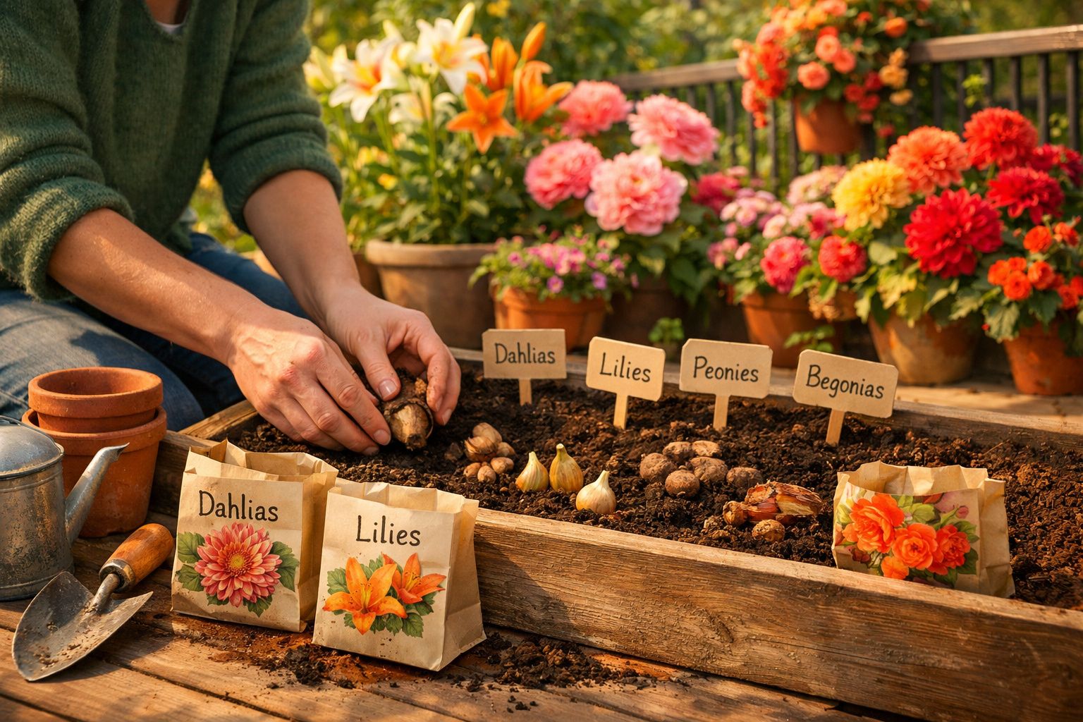 Pessoa a plantar bolbos de flores em canteiro organizado com etiquetas para dálias, lírios, peónias e begónias.
