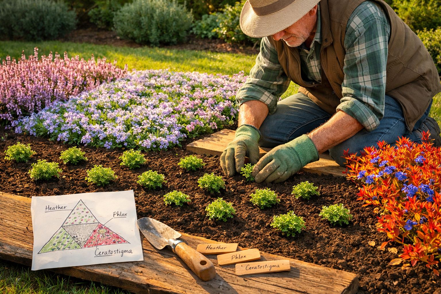 Homem a plantar flores num canteiro com plano de jardinagem junto e ferramentas.