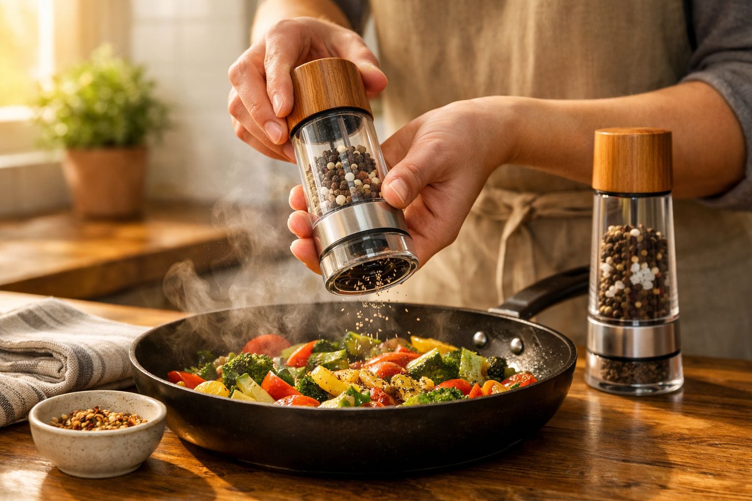 Pessoa a temperar legumes salteados numa frigideira com moinho de pimenta, cozinha iluminada.