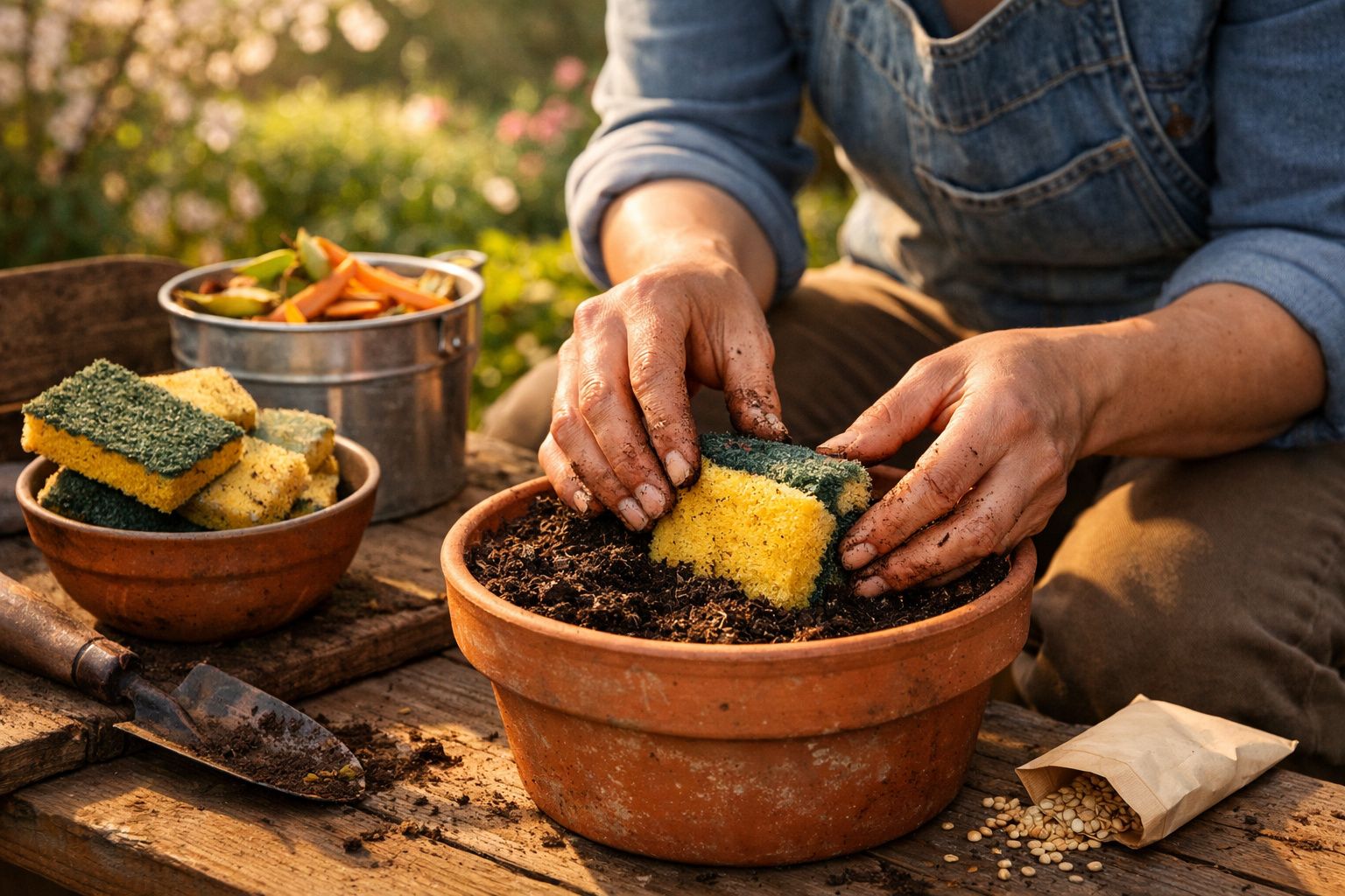 Mãos a plantar esponja amarela e verde num vaso de barro com terra, ferramentas e legumes ao lado.