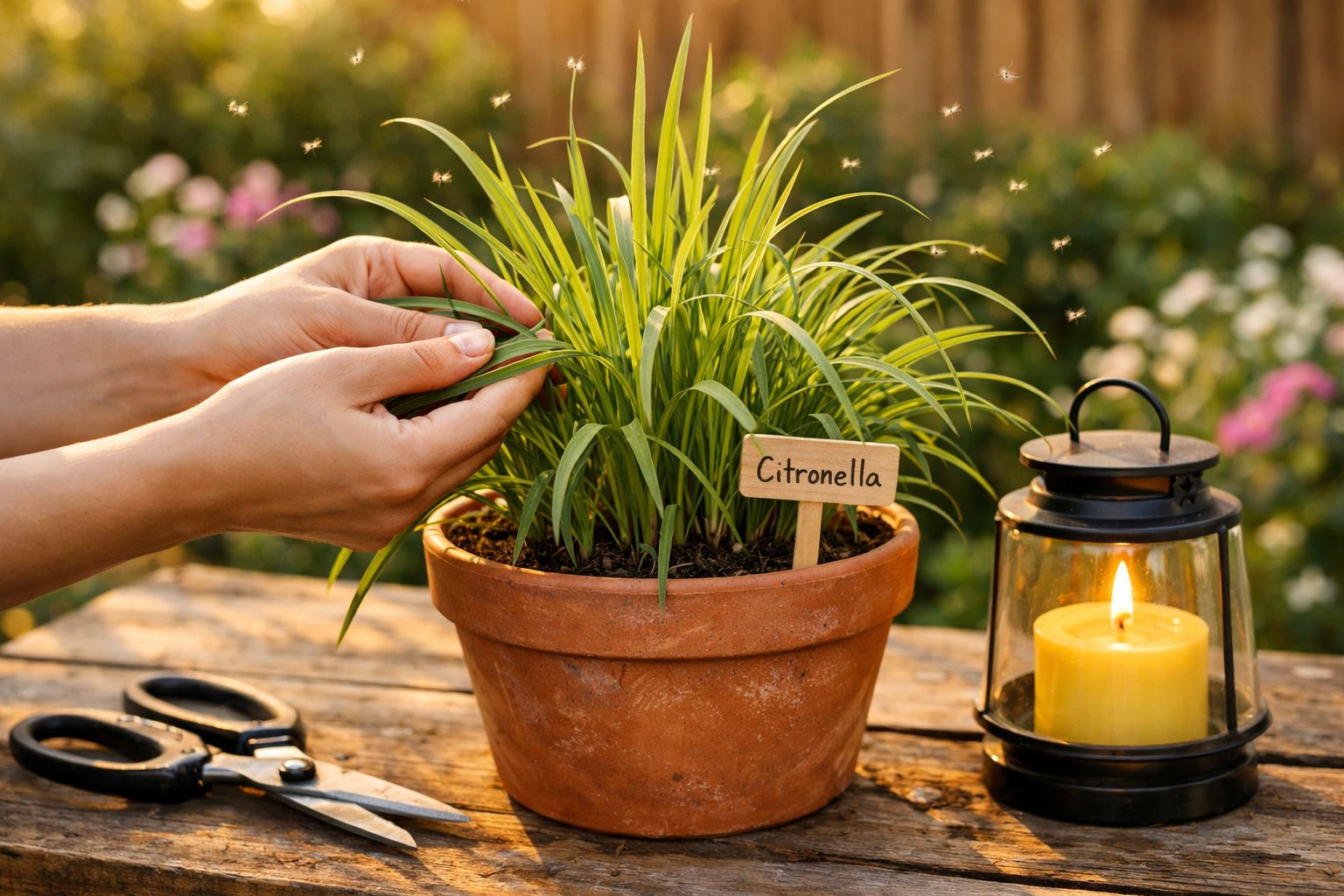 Mãos a cuidar de planta de citronela num vaso, com vela acesa e tesoura numa mesa de madeira ao ar livre.