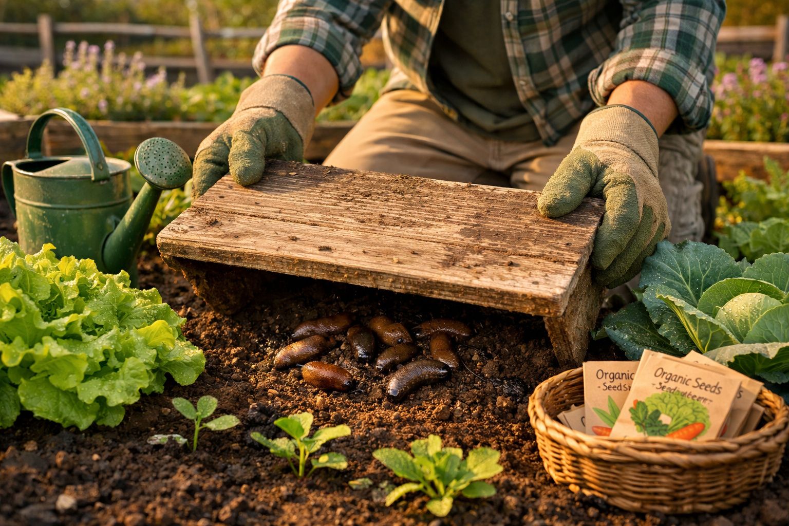 Mãos com luvas a levantar tábua de madeira revelando minhocas no solo de uma horta com vegetais e sementes orgânicas.