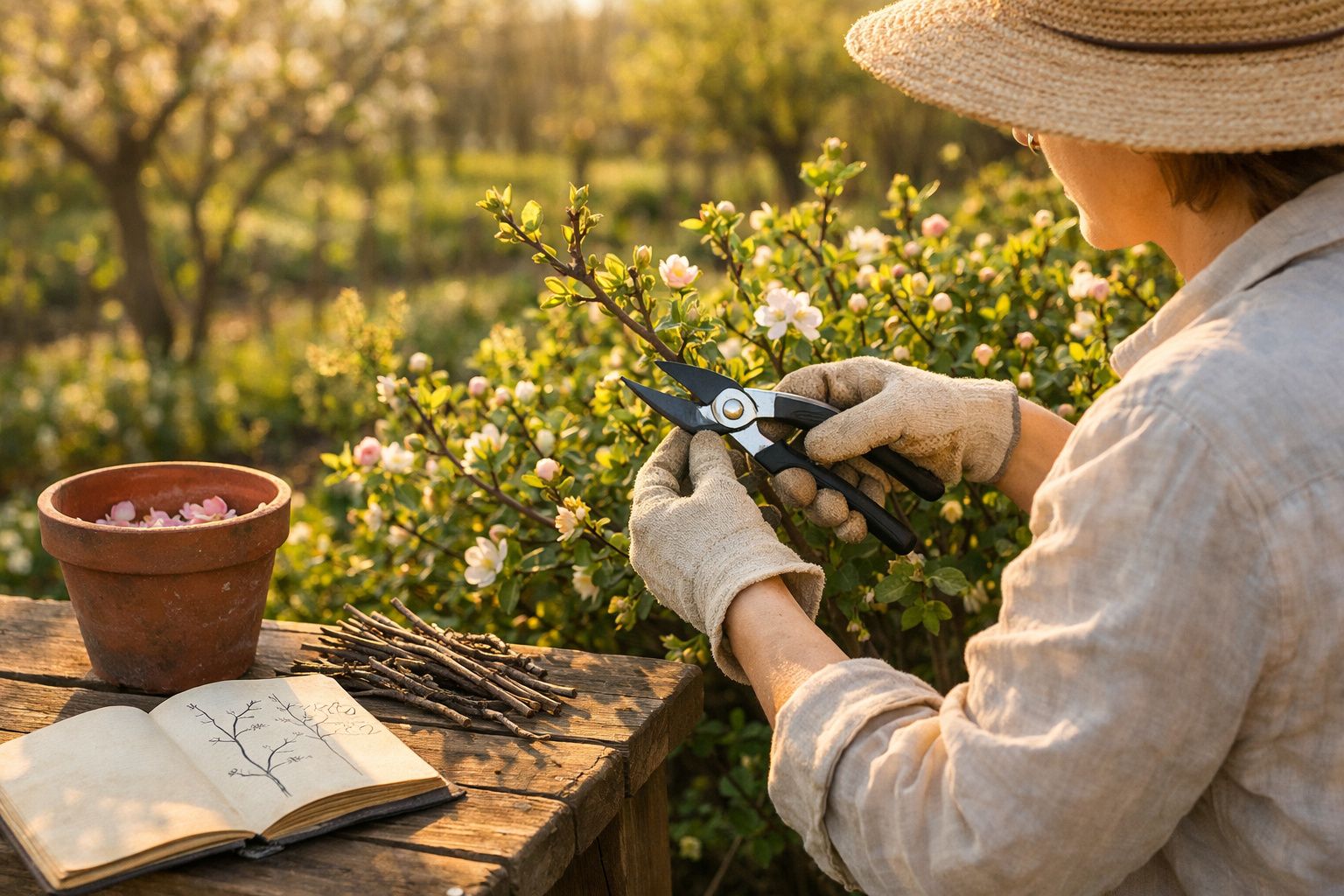 Pessoa com chapéu e luvas a podar ramos de planta florida, com caderno e vaso na mesa de madeira.