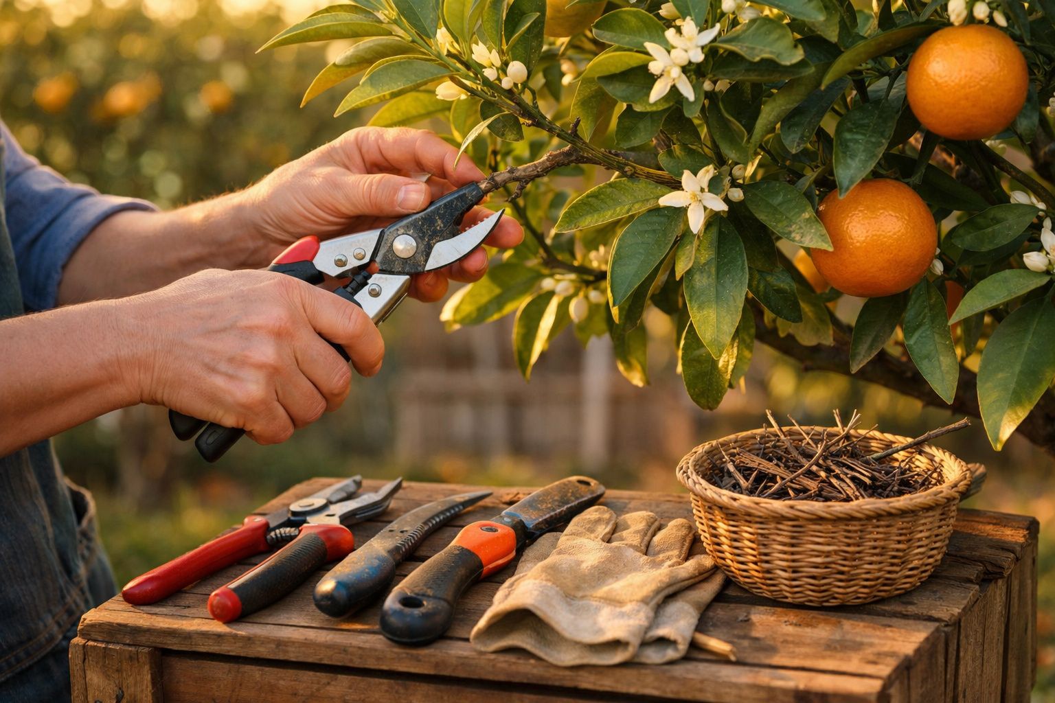 Mãos podando ramo de árvore de laranjeira com tesoura de poda, junto a cesta e luvas sobre mesa de madeira.