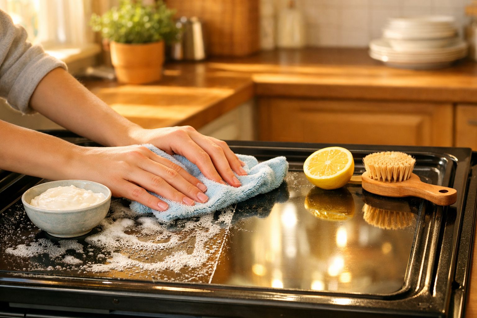 Mãos a limpar forno com pano azul, limão, escova e bicarbonato numa cozinha iluminada.