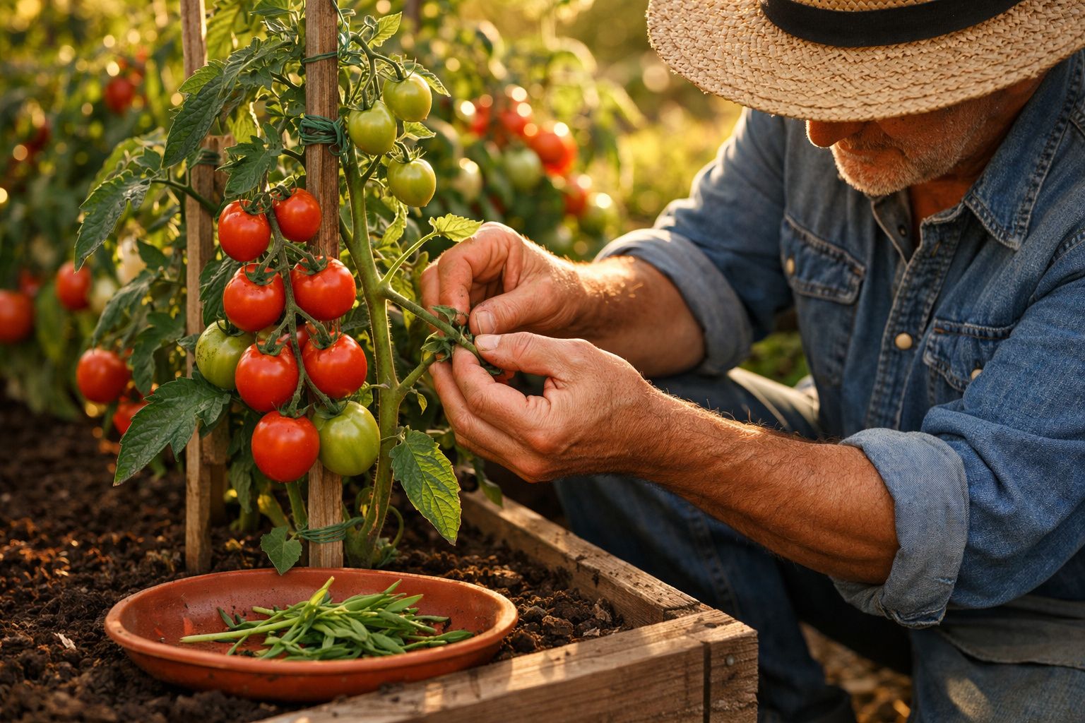 Homem a cuidar de pés de tomateiros com frutos verdes e maduros num jardim ao ar livre.