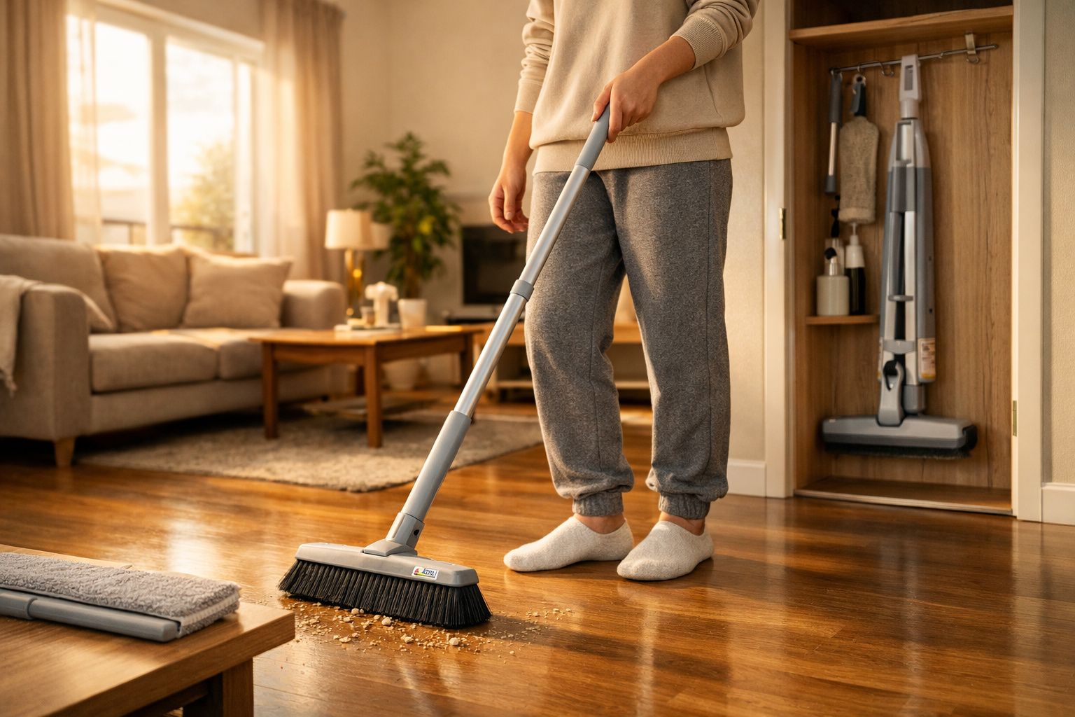 Pessoa a varrer chão de madeira numa sala de estar com decoração moderna e luz natural.
