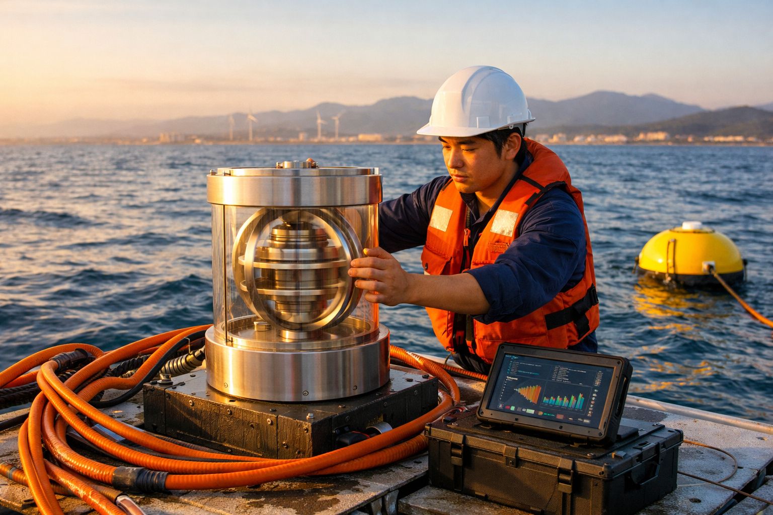 Homem com capacete e colete salva-vidas opera equipamento tecnológico num barco em mar calmo ao pôr do sol.