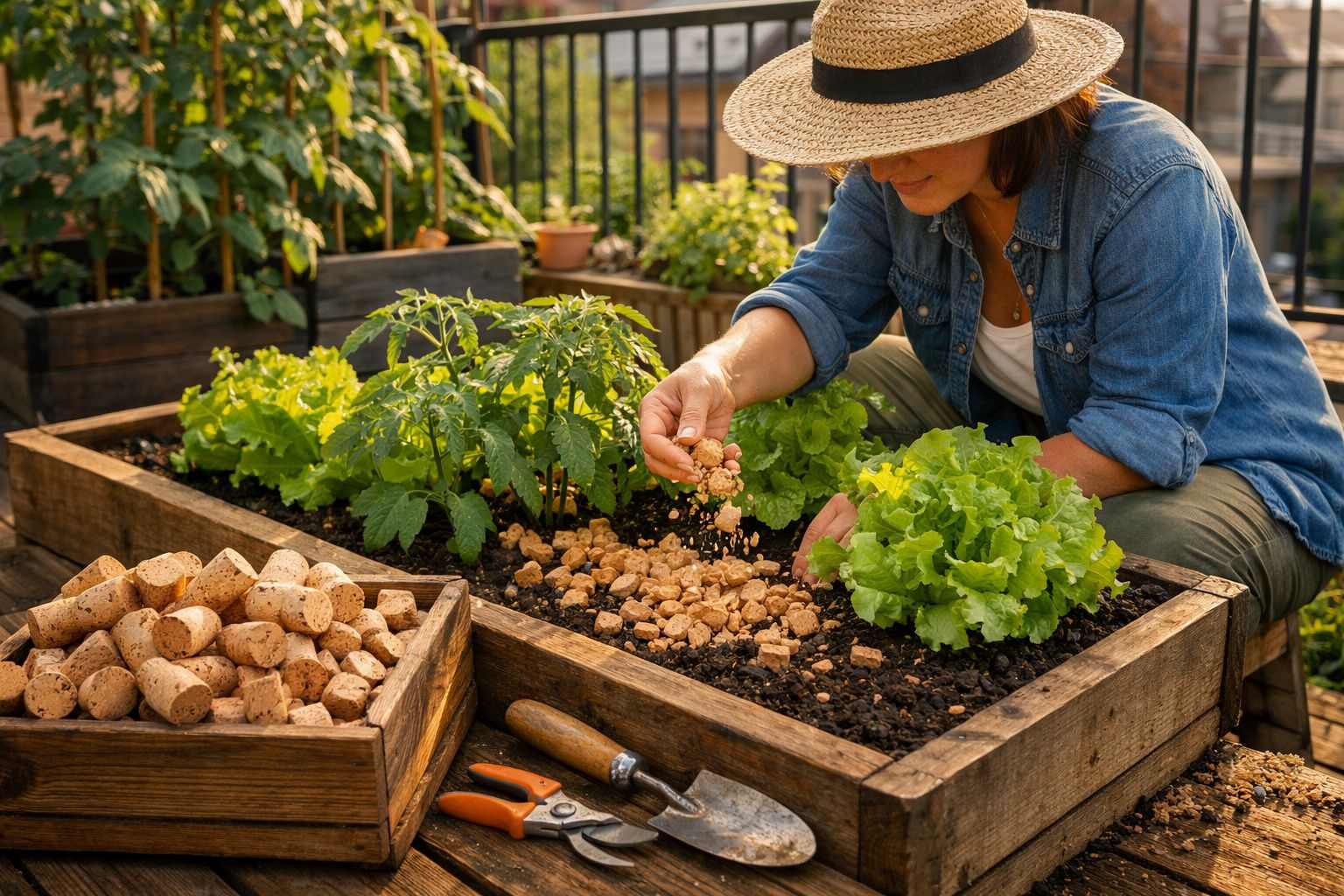 Mulher com chapéu a cuidar de plantas numa horta urbana com alface e tomateiros em canteiros de madeira.
