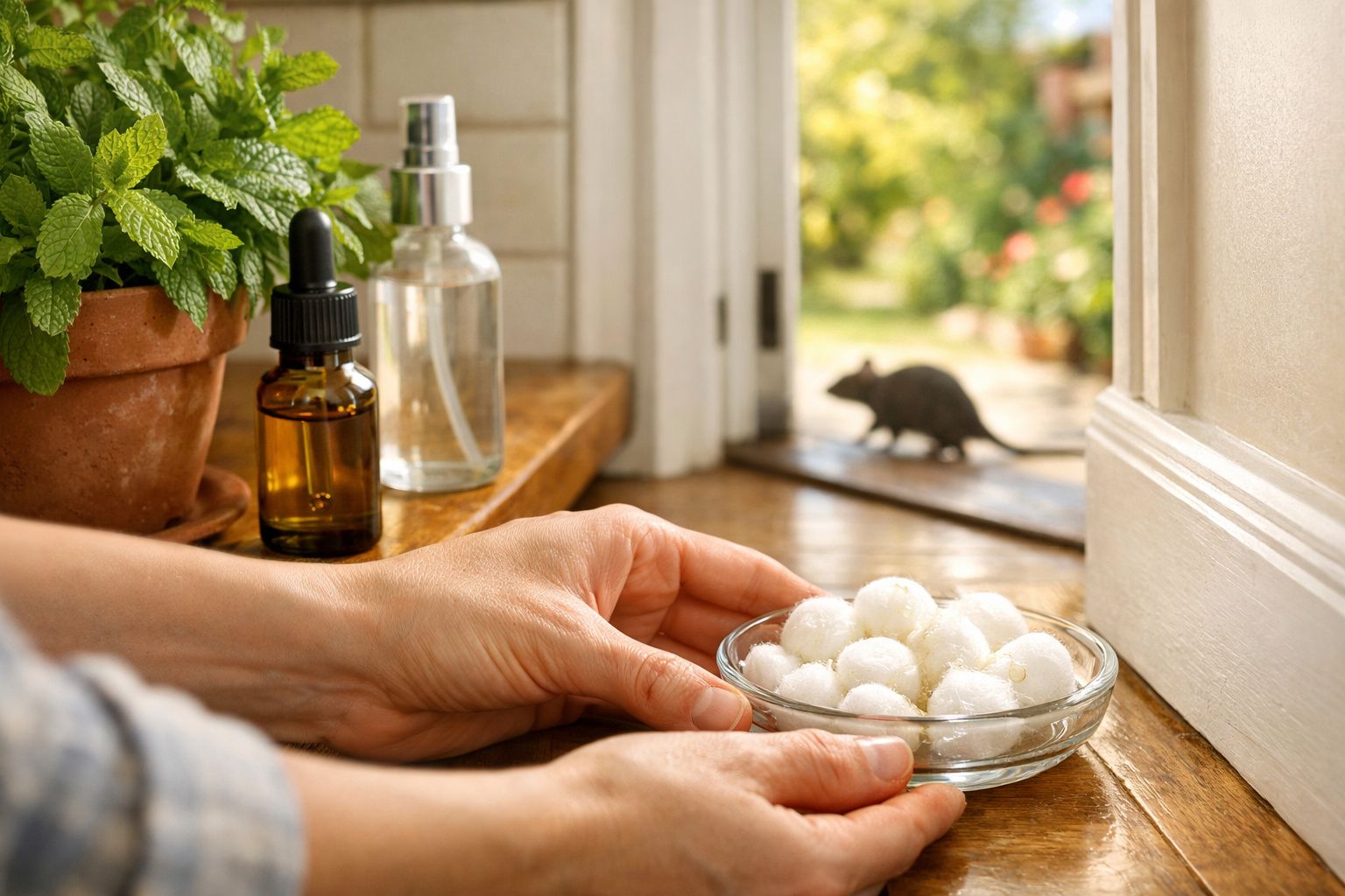 Mãos seguram um prato com bolas de algodão perto da porta aberta onde um rato está fora de casa.