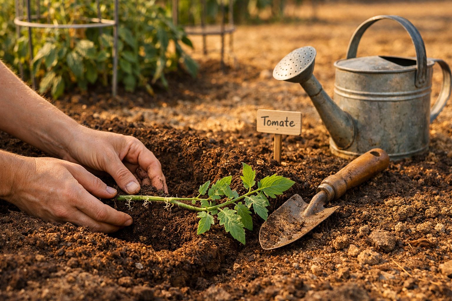 Mãos a plantar uma muda de tomate em terra, junto a uma regadeira e uma pequena pá de jardim.