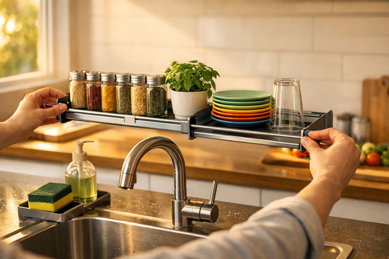 Estante ajustável sobre a pia da cozinha com especiarias, ervas, pratos coloridos e copos.