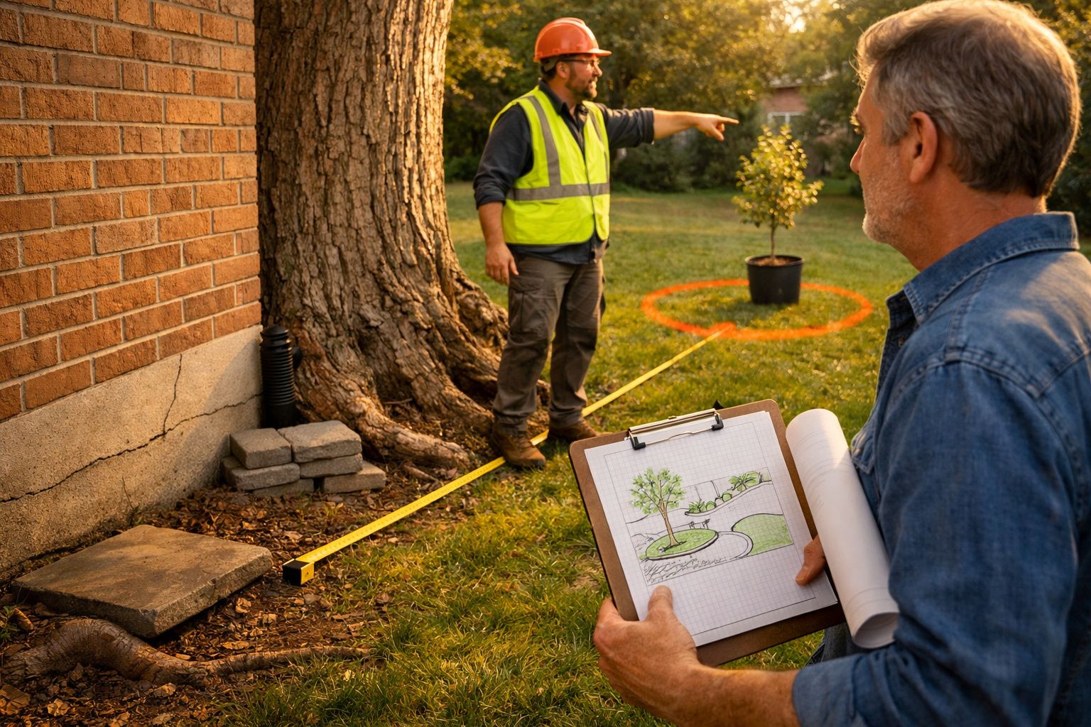 Dois homens planeiam o paisagismo junto a uma árvore grande, com plantas e plantas desenhadas num prancheta.
