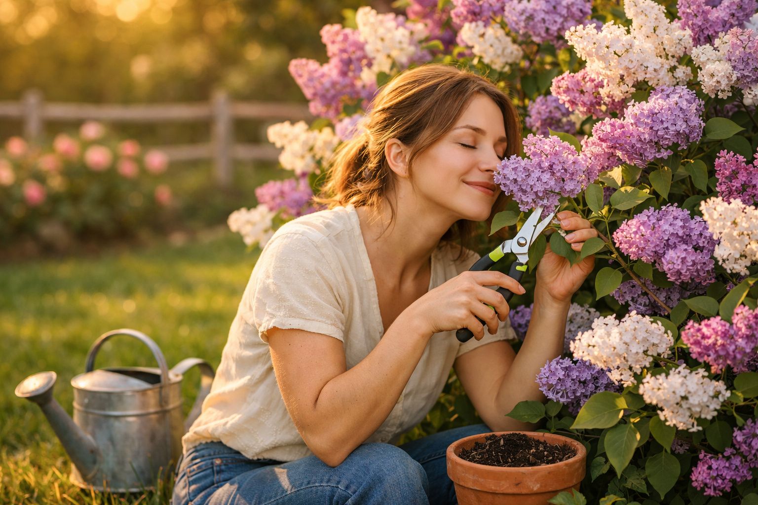 Mulher a cheirar flores lilases enquanto segura tesoura de jardim num ambiente ensolarado.