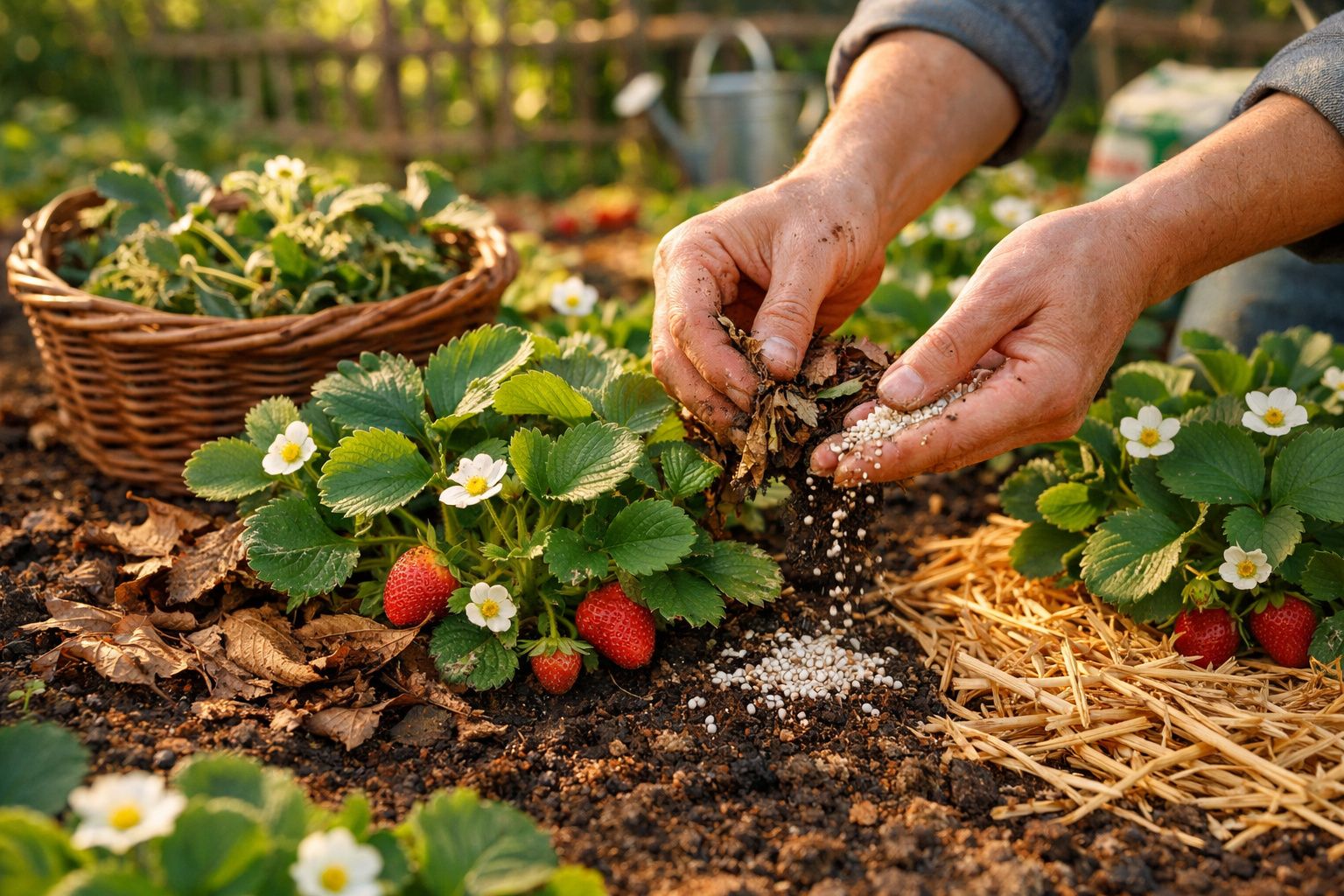 Mãos a espalhar fertilizante ao redor de plantas de morango com frutos e flores num jardim.