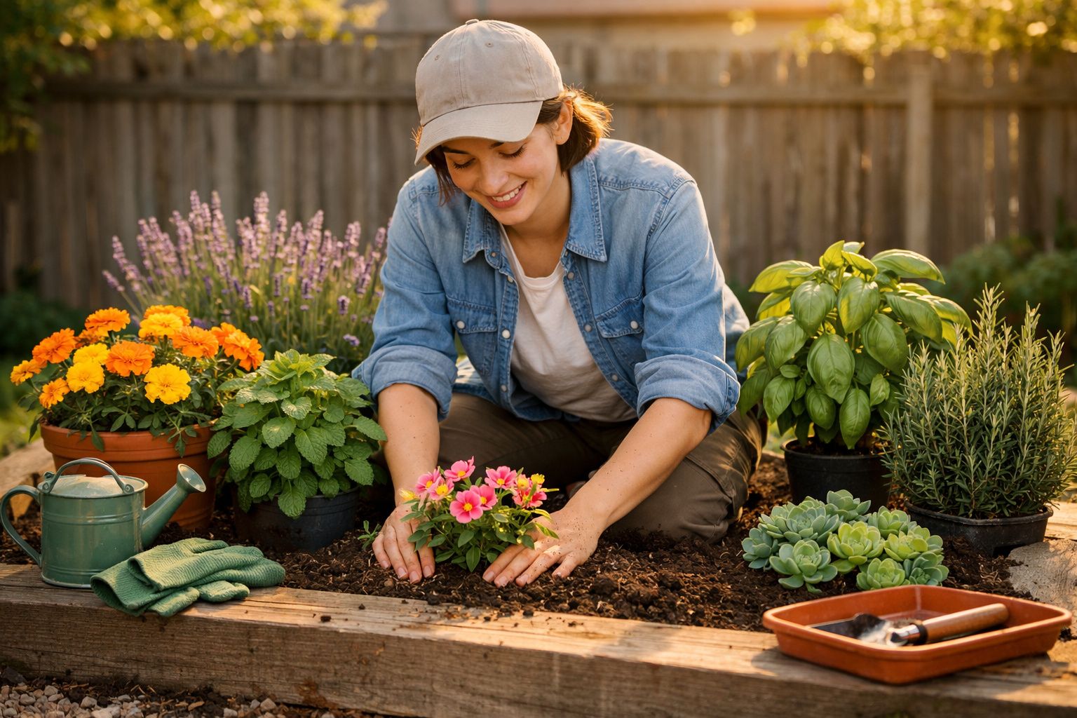 Mulher sorridente com boné a plantar flores num jardim com várias plantas e ferramentas ao redor.