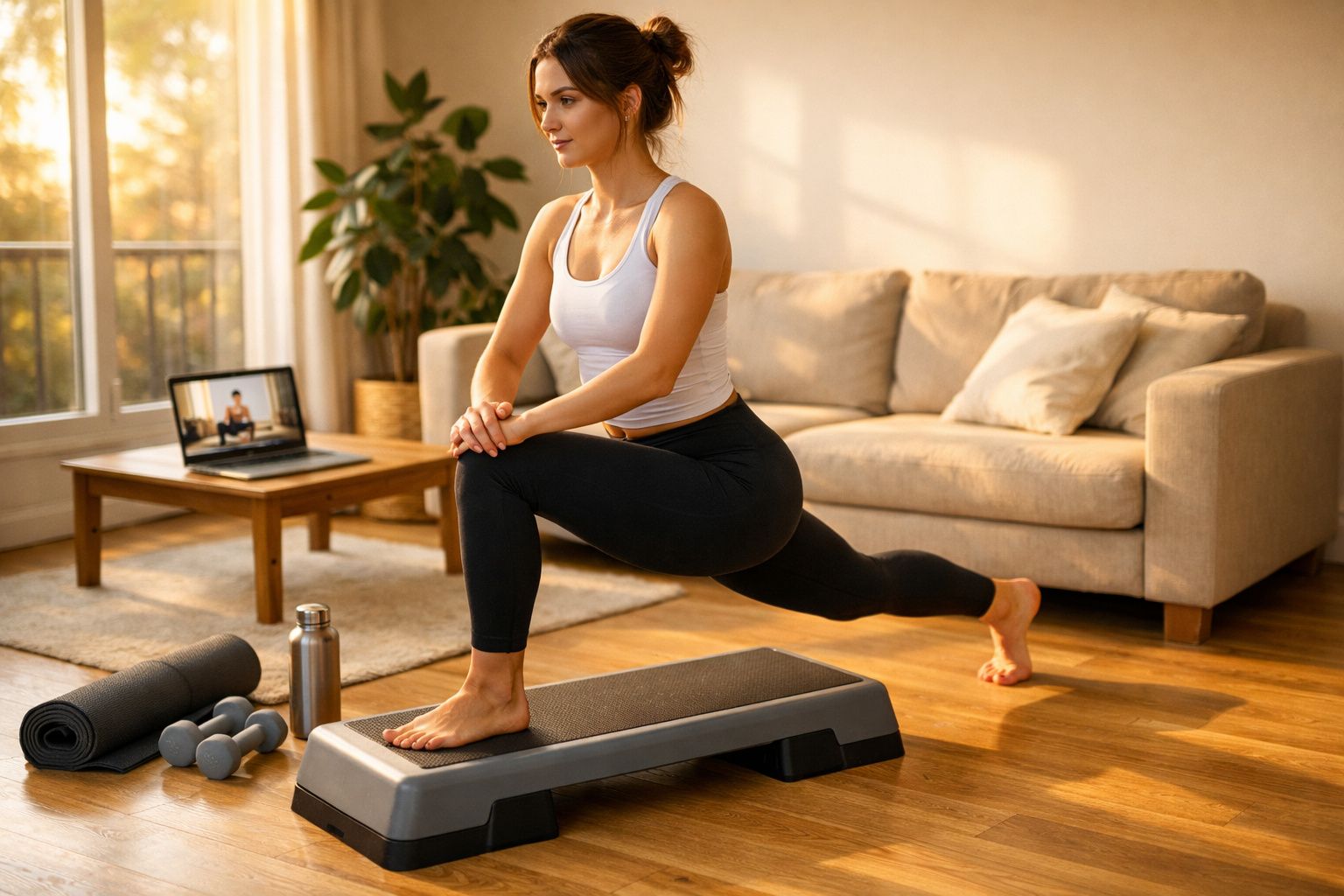 Mulher a fazer alongamento na sala, com tapete, halteres, garrafa de água e aula online no computador.