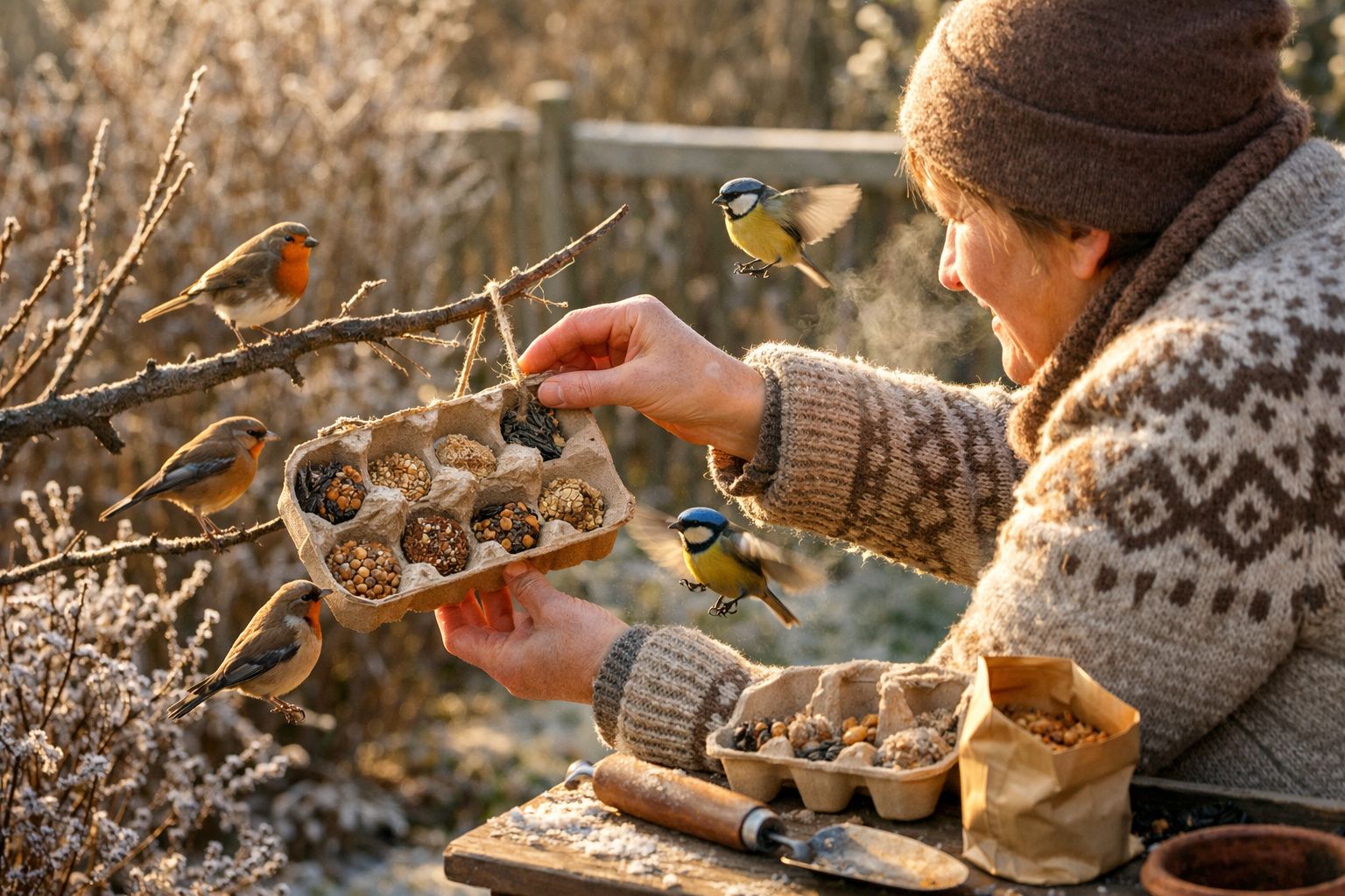 Pessoa alimenta pássaros com sementes no campo durante dia de inverno, com ave em voo e três pousadas num galho.