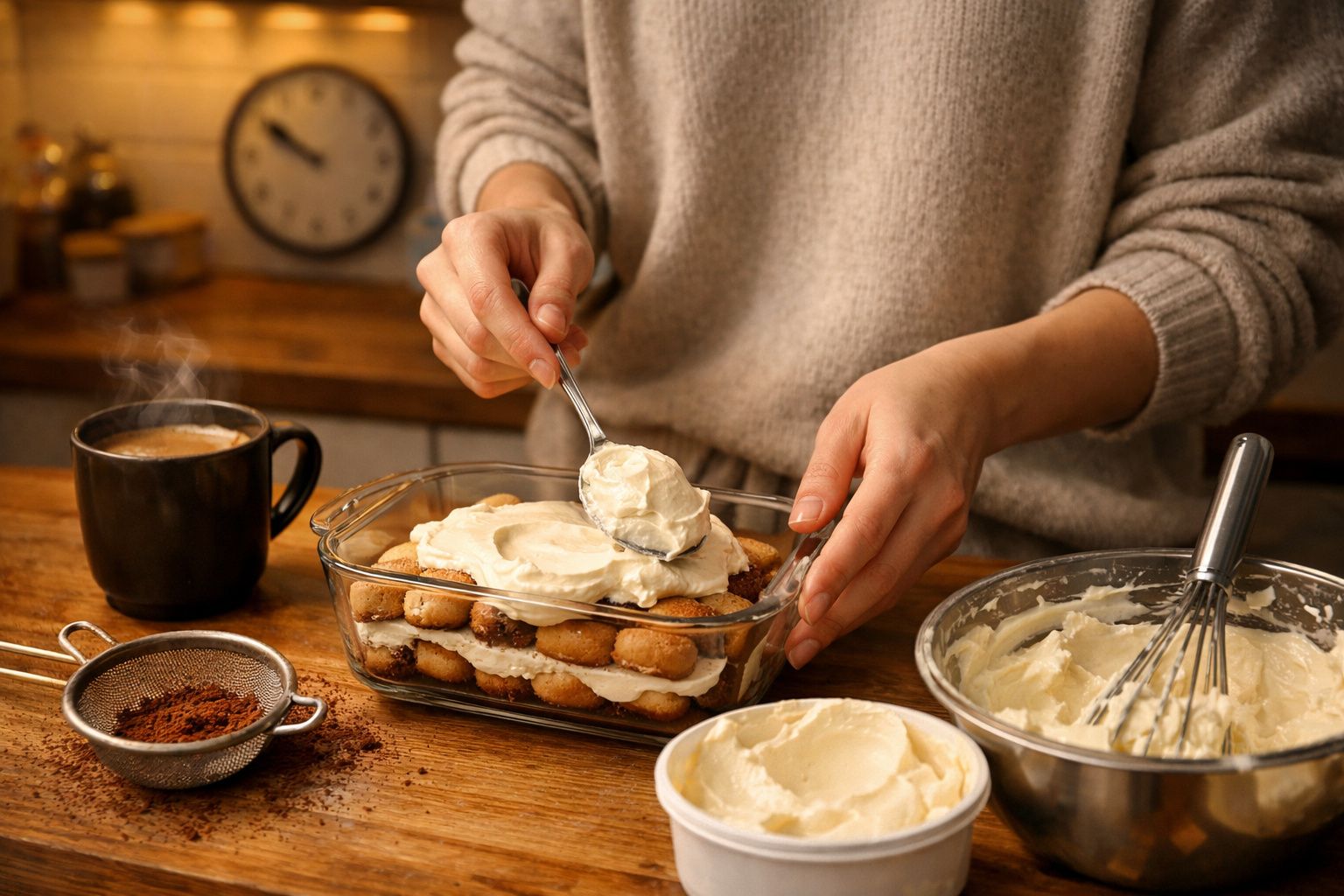 Pessoa a preparar tiramisù com café e ingredientes à volta numa cozinha acolhedora.