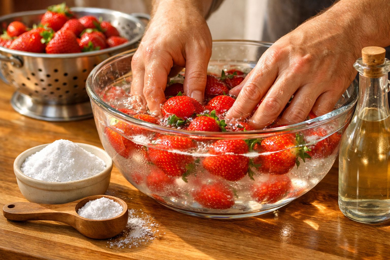 Mãos a lavar morangos em tigela de vidro com água, sal e vinagre ao lado sobre mesa de madeira.