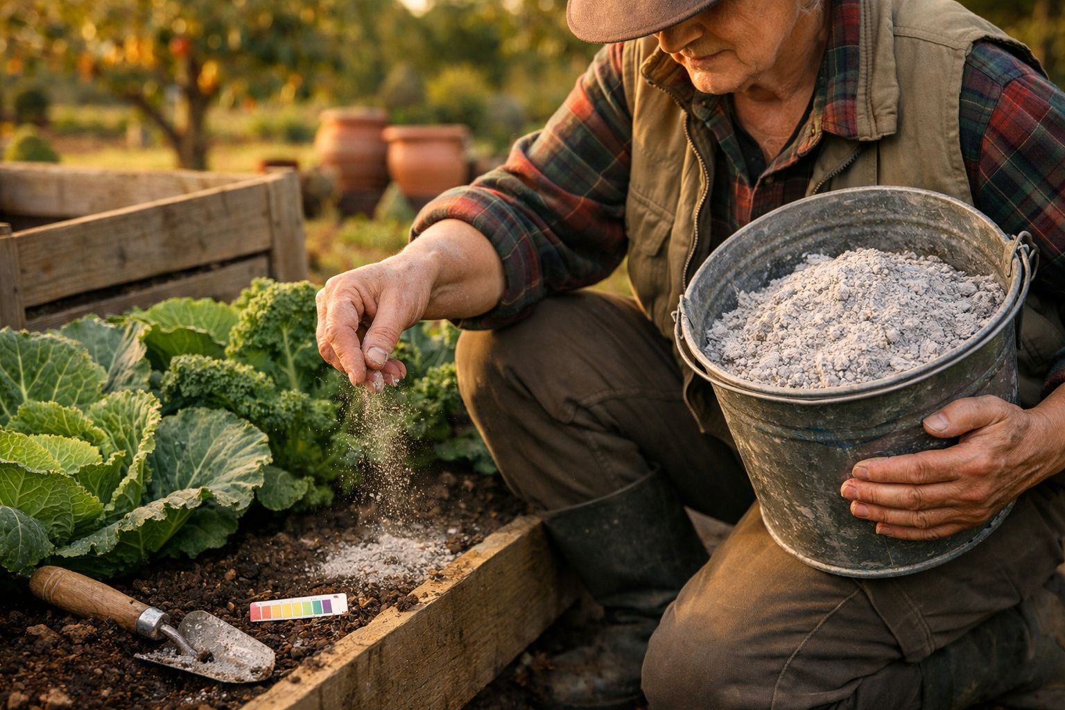 Pessoa a espalhar cinza em canteiro de couves com enxada apoiada no chão e fita de medição colorida.
