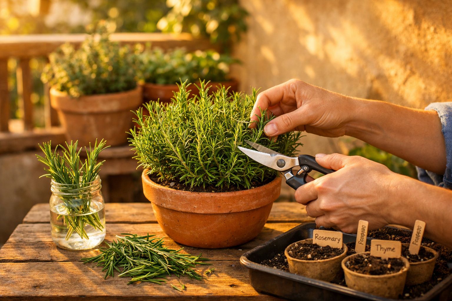 Mãos a cortar alecrim com tesoura, vaso de barro e frascos com ervas aromáticas numa mesa de madeira.