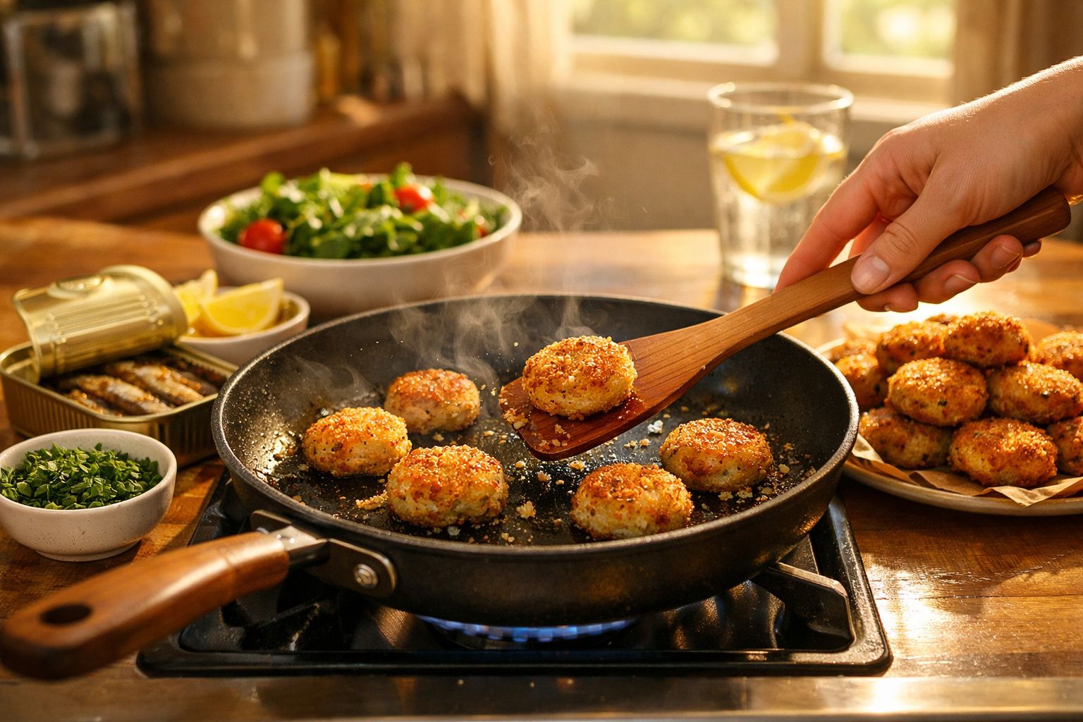 Bolachas de peixe a fritar numa frigideira, acompanhadas de salada, salsa picada e limão.