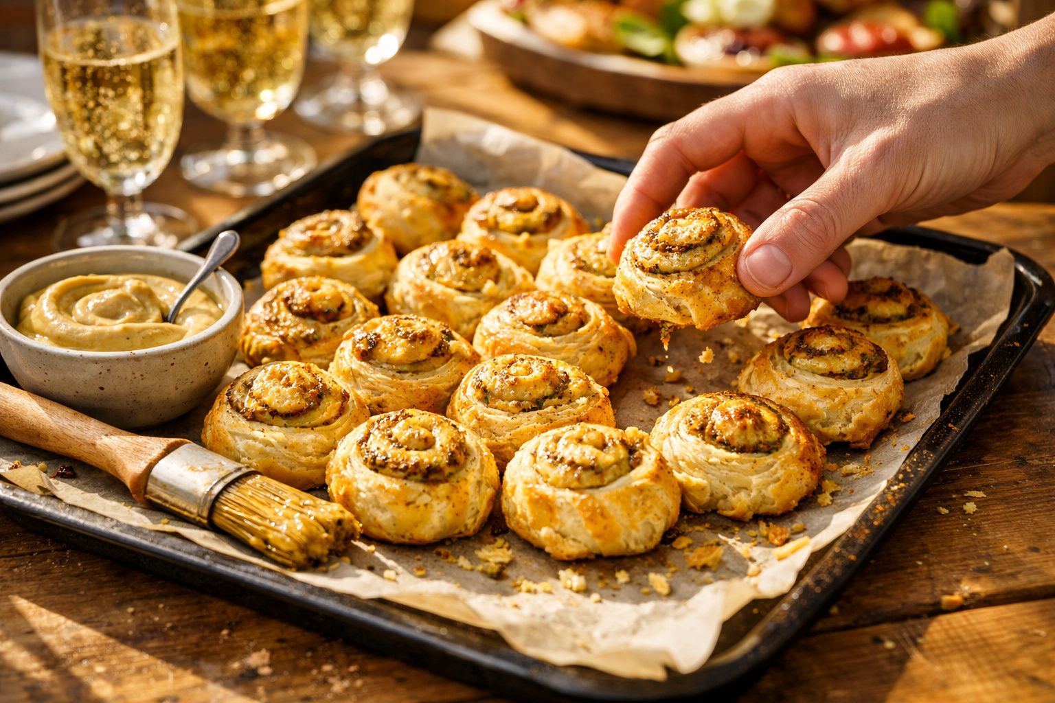 Tabuleiro com caracóis de massa folhada dourados, um prato de molho e uma mão a pegar um caracol.