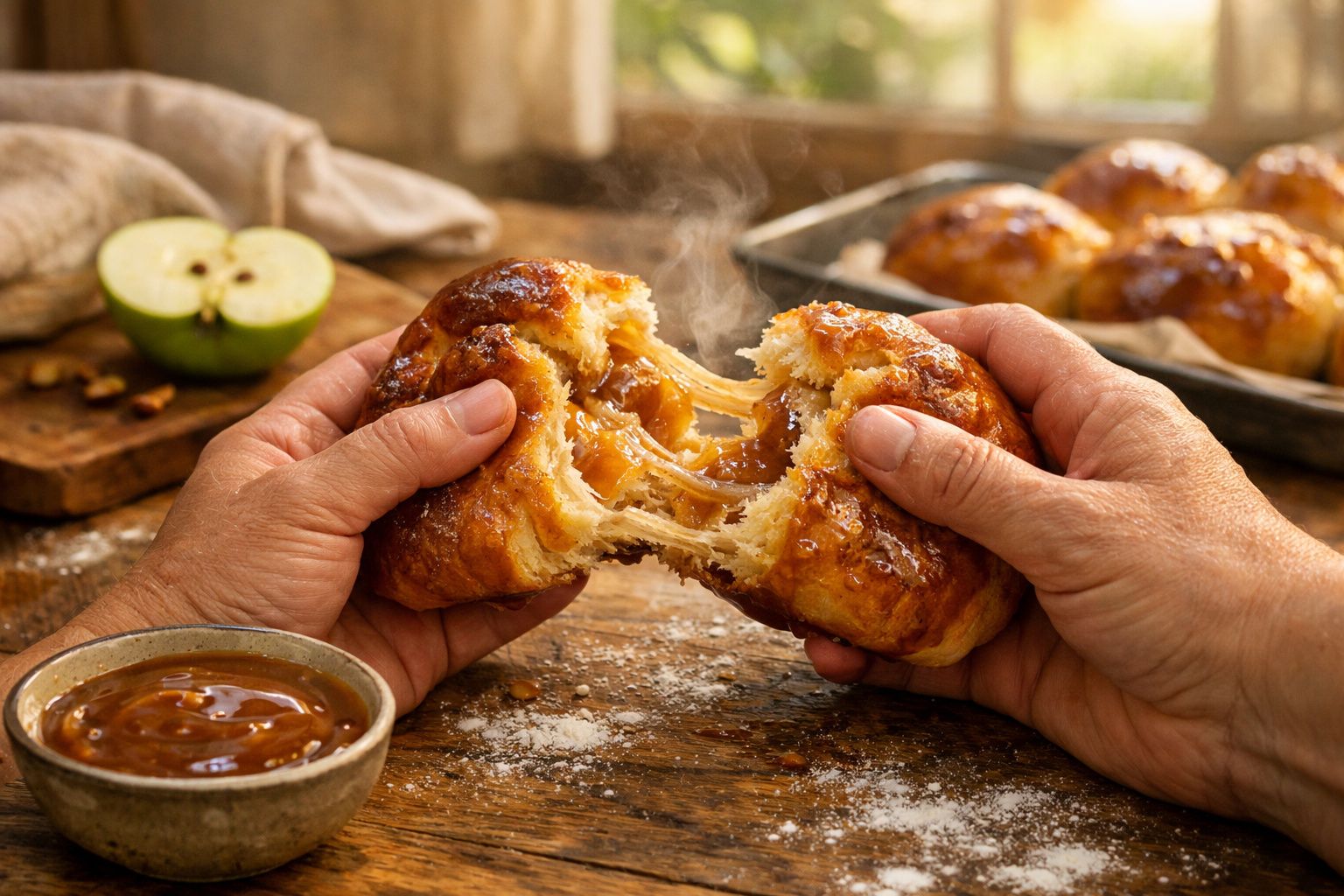 Mãos a partir um pão quente recheado com queijo derretido e doce de maçã, ao lado de maçã partida e molho.