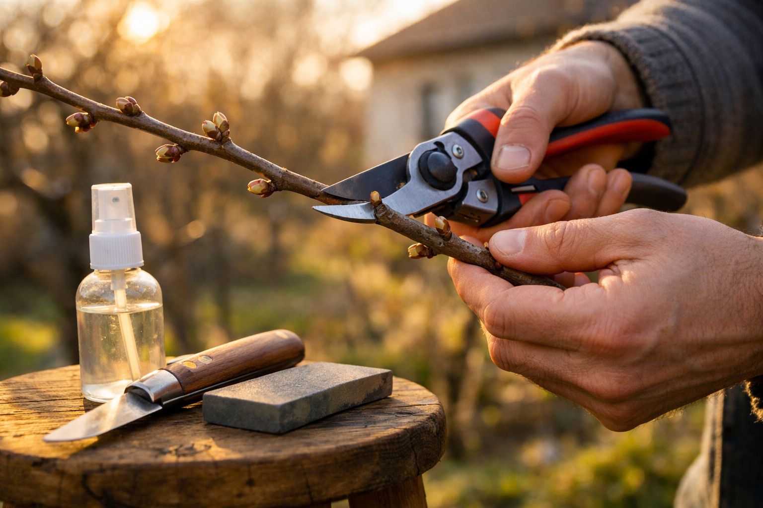 Mãos podando ramo de árvore com tesoura de poda, ao lado de faca, spray e pedra de afiar num tronco.