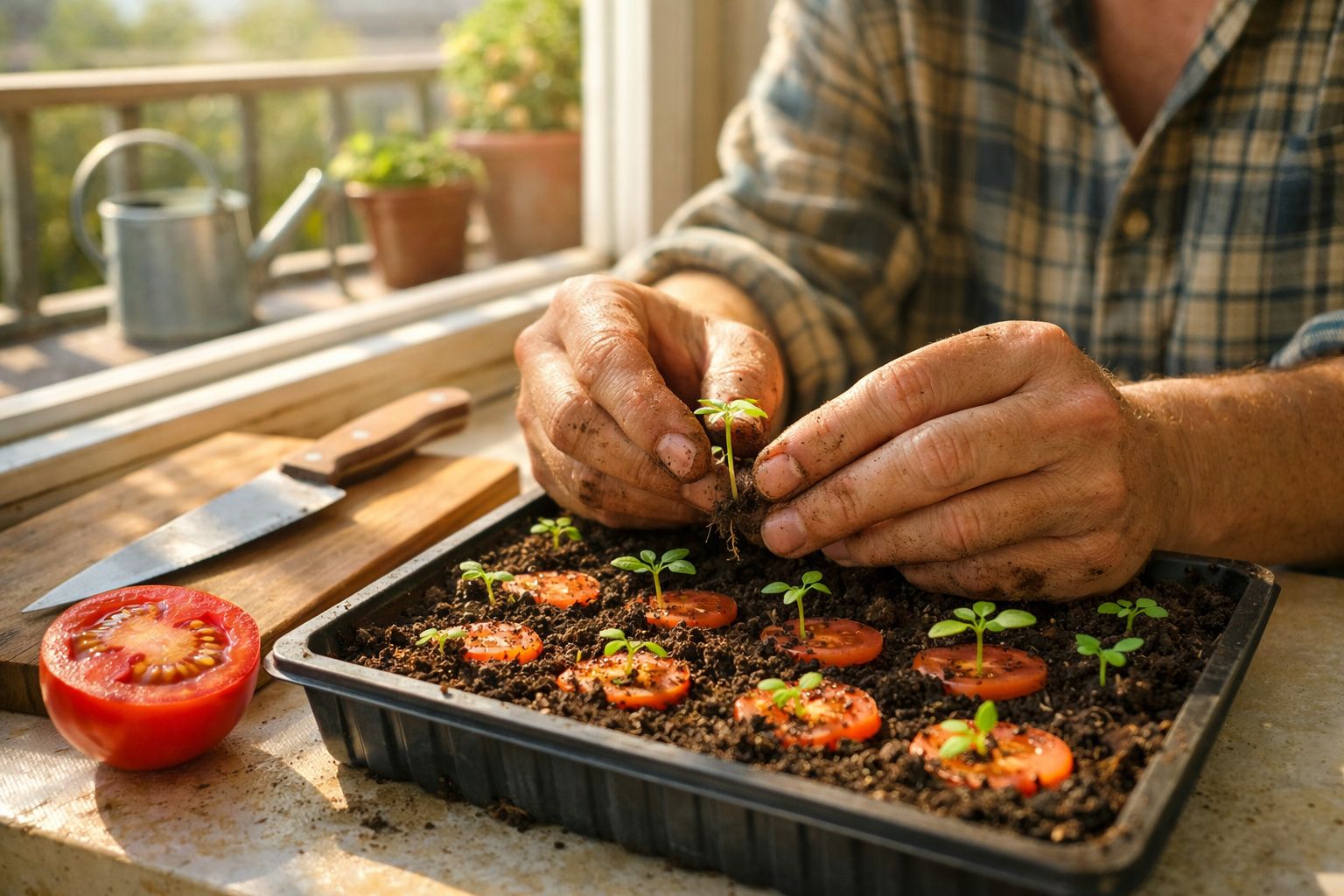 Mãos com terra a transplantar pequena planta em tabuleiro com terra e rodelas de tomate junto a janela ensolarada.