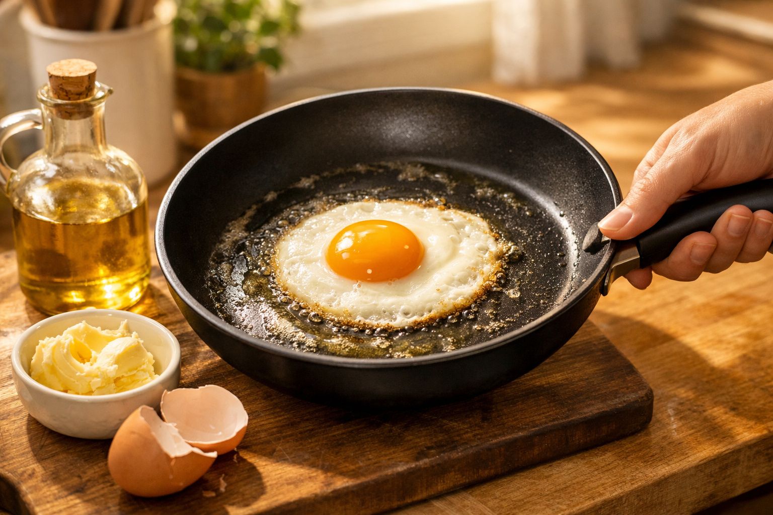 Ovo estrelado a cozinhar numa frigideira preta, com manteiga, azeite e casca de ovo ao lado, sobre tábua de madeira.
