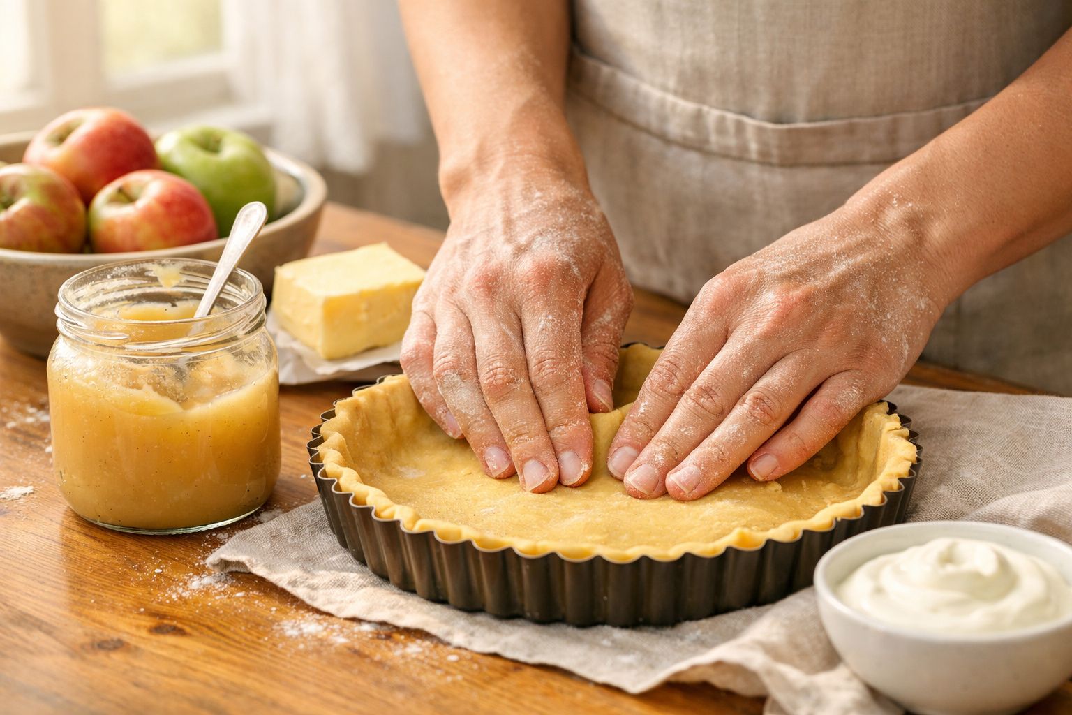 Mãos alisam massa numa forma de tarte, ao lado de purê de maçã, maçãs, manteiga e creme sobre mesa de madeira.