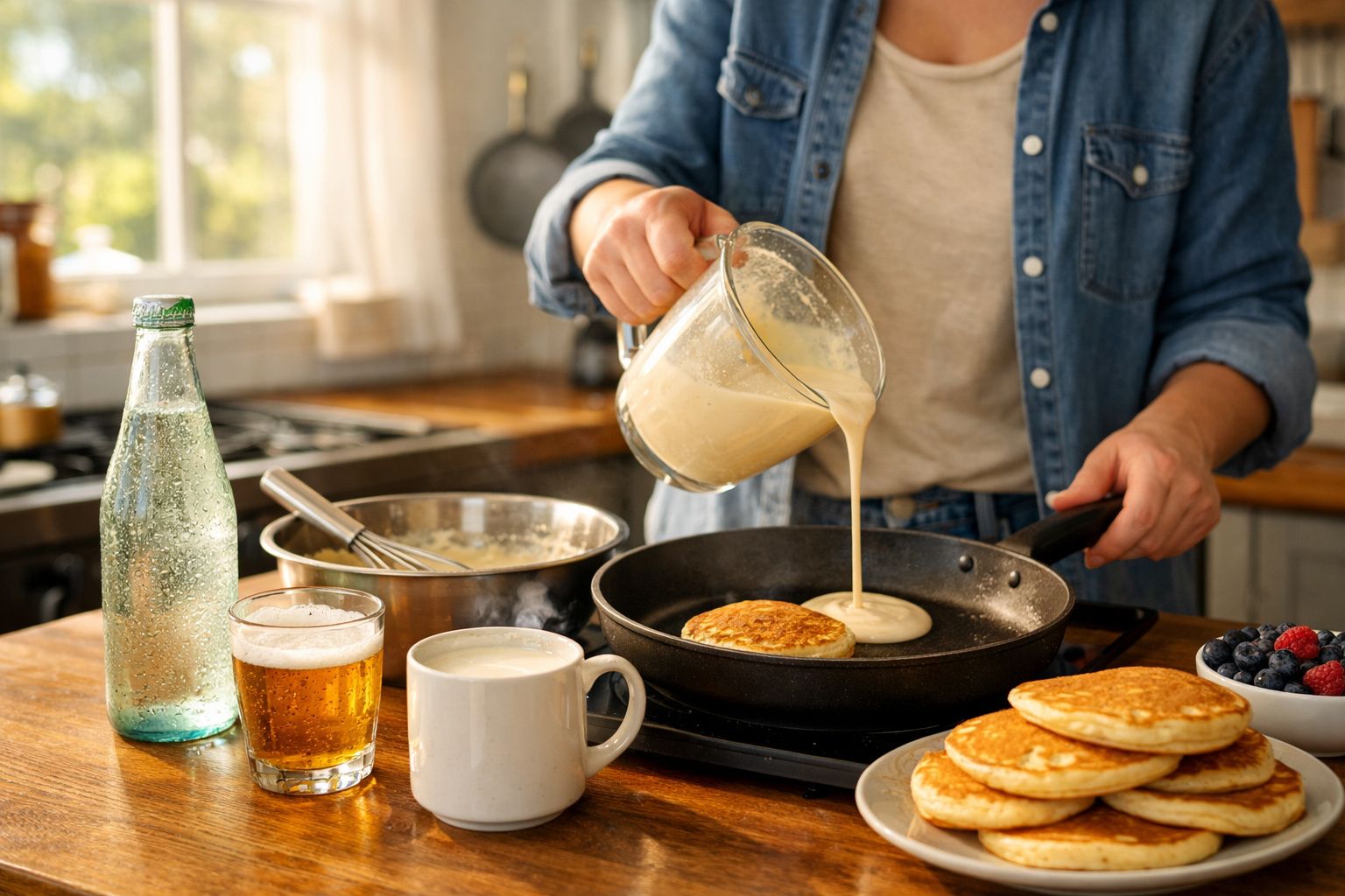 Pessoa a despejar massa para panquecas numa frigideira na cozinha, com panquecas já feitas e bebida ao lado.