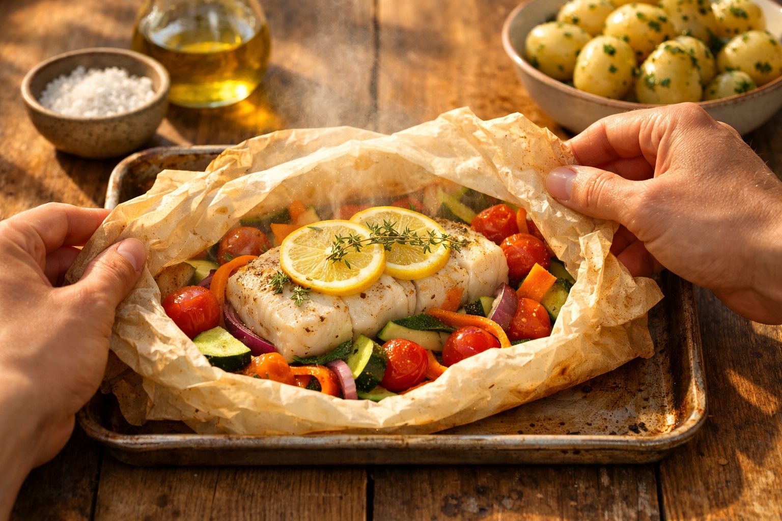Prato de peixe com legumes e rodelas de limão acabado de sair do forno sobre tabuleiro metálico.