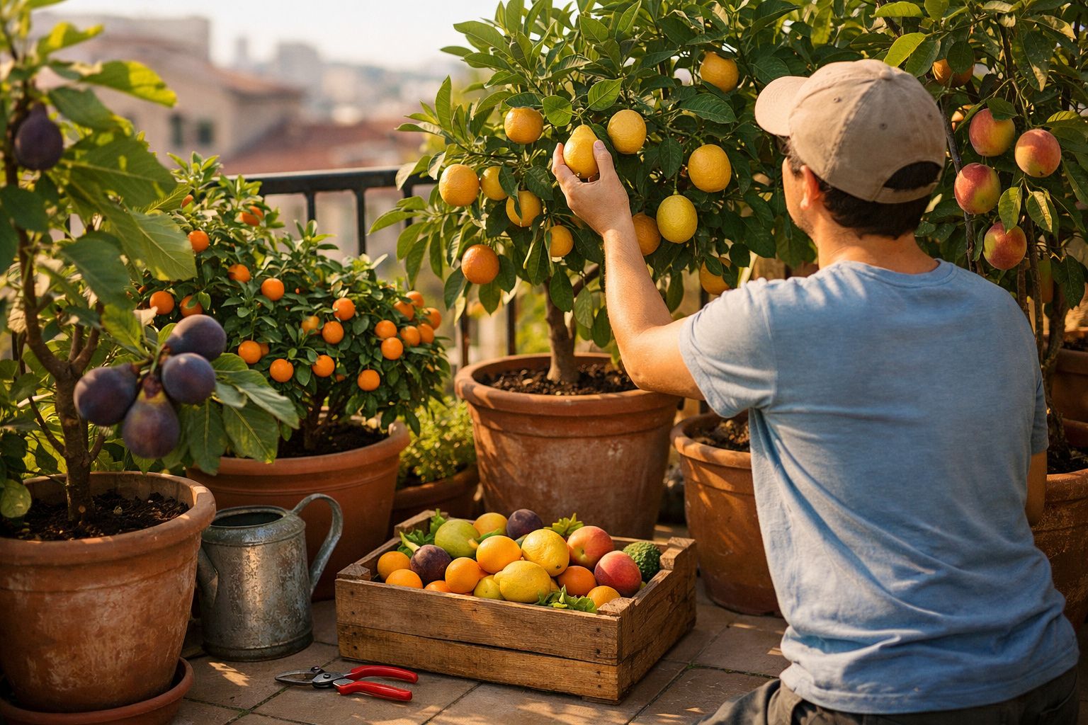 Pessoa a apanhar frutos de várias árvores cítricas em vasos num terraço ensolarado.