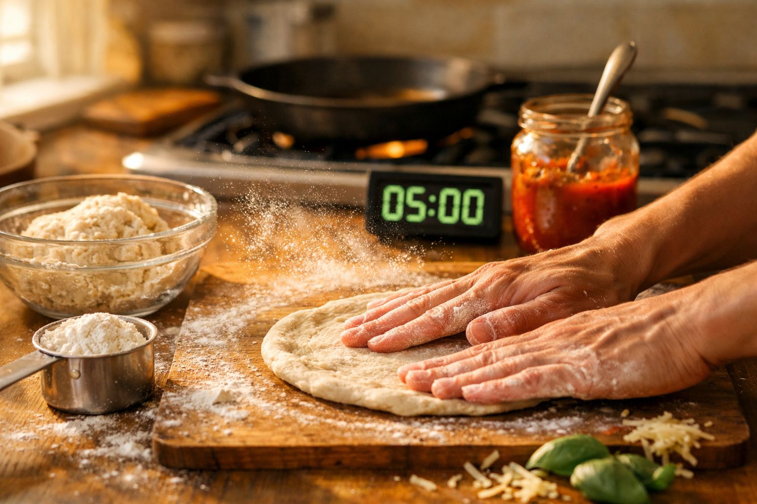 Mãos a abrir massa de pizza em tábua de madeira com farinha, tomate e temporizador a 5 minutos.
