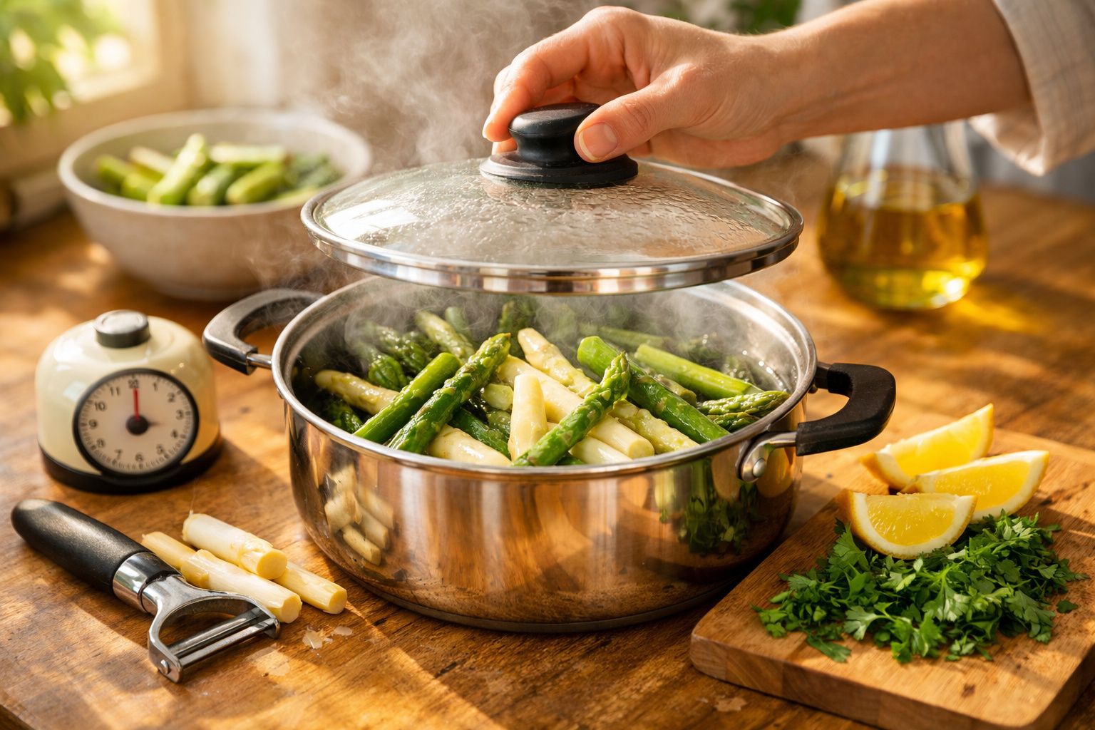 Pessoa a levantar a tampa de panela com espargos verdes e brancos cozinhando ao vapor numa cozinha.