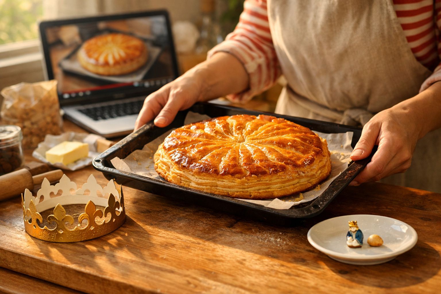 Pessoa segura tabuleiro com galette des rois acabada de fazer, coroa de papel dourado e figura em prato.