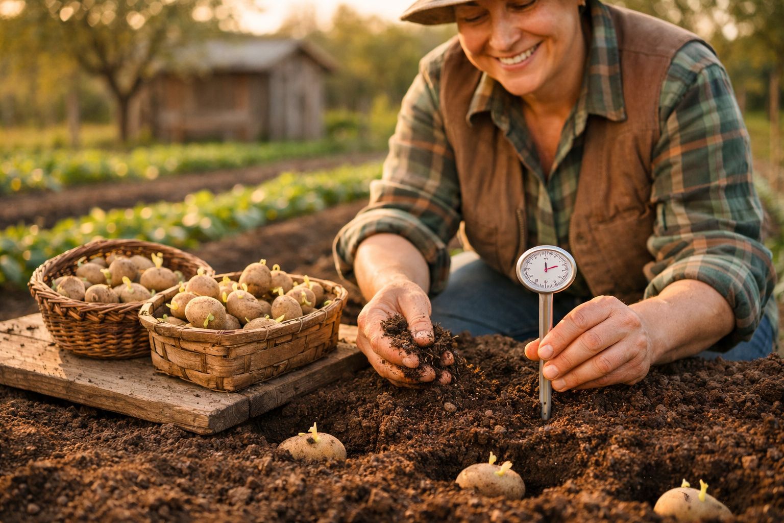 Agricultor sorridente mede temperatura do solo junto a batatas plantadas em campo aberto.
