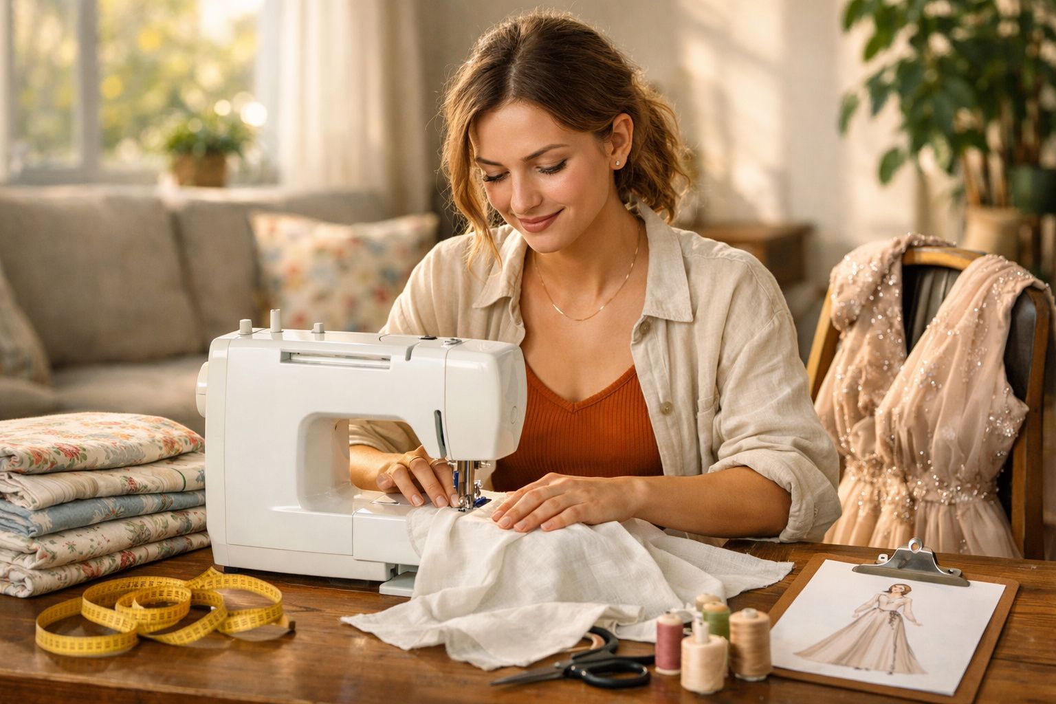 Mulher jovem a costurar tecido branco numa máquina de costura num ambiente acolhedor e iluminado.