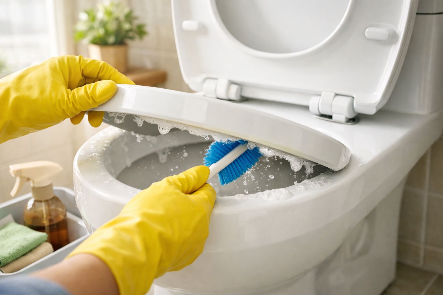 Pessoa com luvas amarelas a limpar o interior da sanita com escova azul em casa de banho.