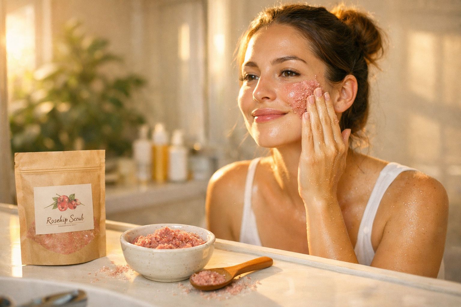 Mulher a aplicar esfoliante rosa na face, sorrindo, com embalagem e tigela do produto à frente.