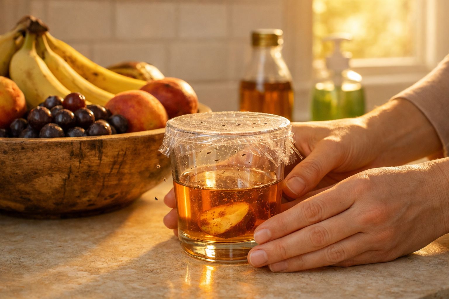 Mãos seguram copo com líquido âmbar coberto com filme plástico, com frutas e garrafas ao fundo.