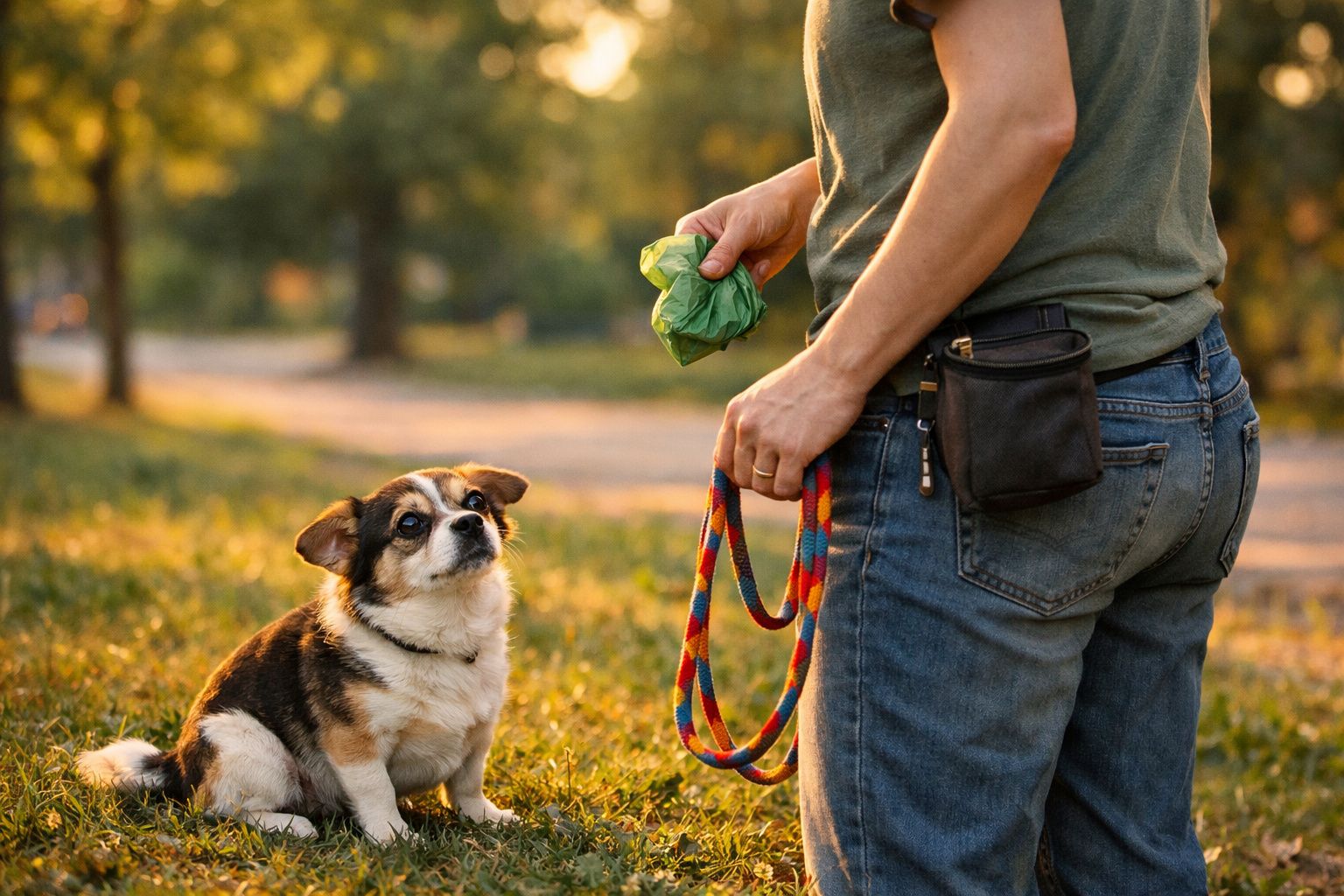 Pessoa segura trela e saco para recolher dejetos, com cão pequeno sentado num parque ao pôr do sol.