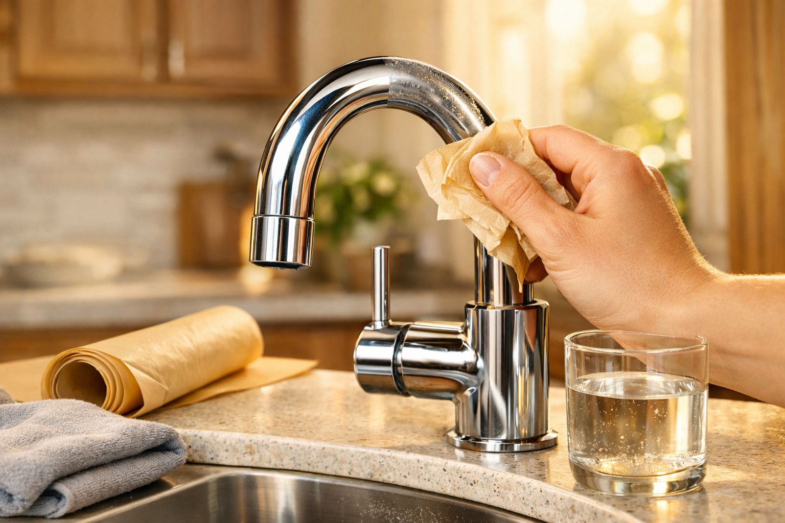 Mão a limpar torneira prateada com pano junto a copo de água numa bancada de cozinha.