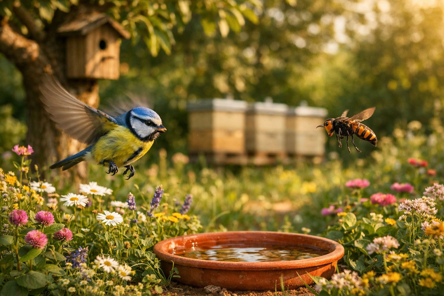 Pássaro azul e abelha voando perto de uma tigela de água num jardim florido com colmeias ao fundo.