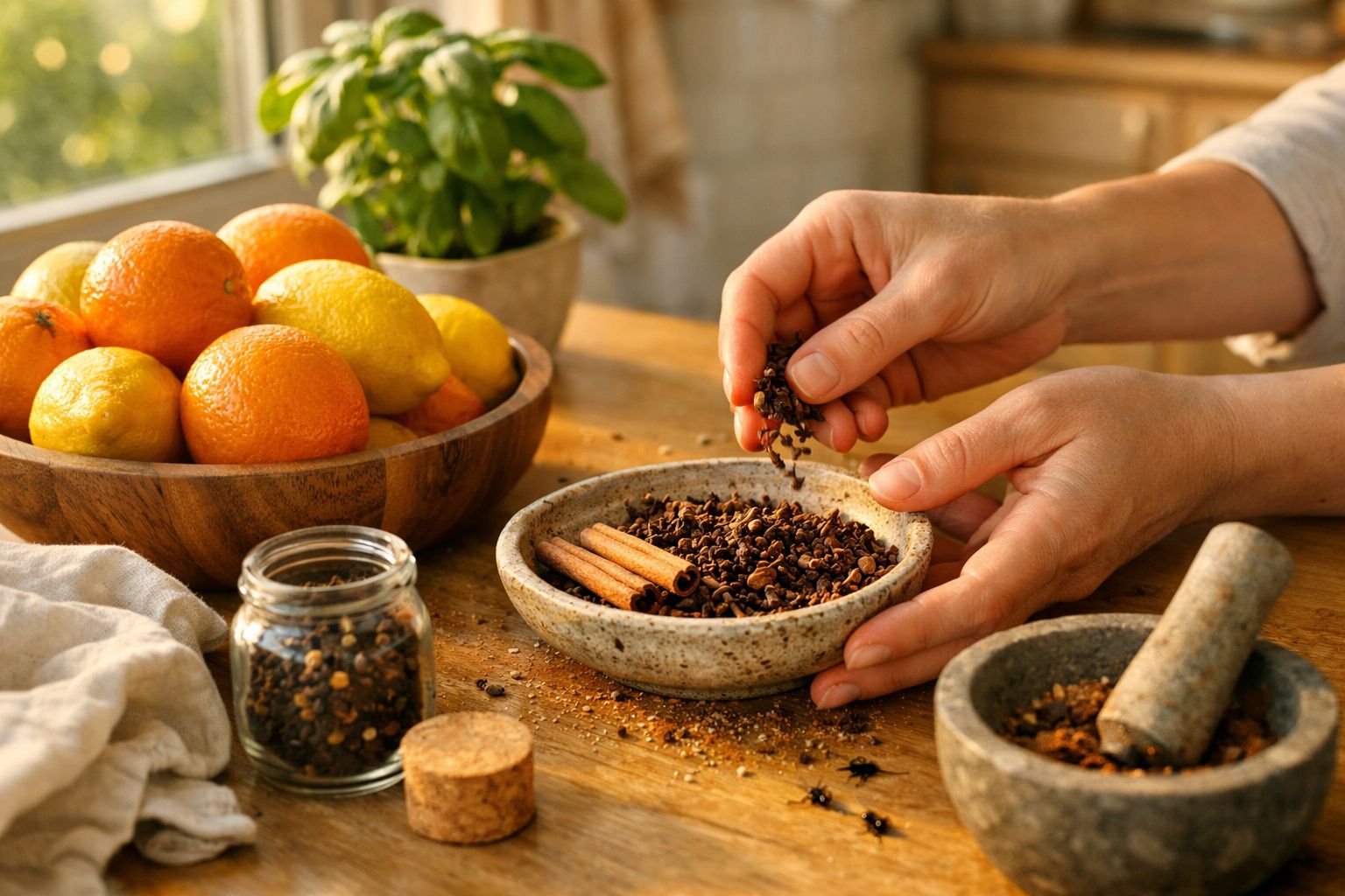 Mãos a preparar mistura de especiarias com paus de canela e cravinho, frutas cítricas ao fundo numa taça de madeira.