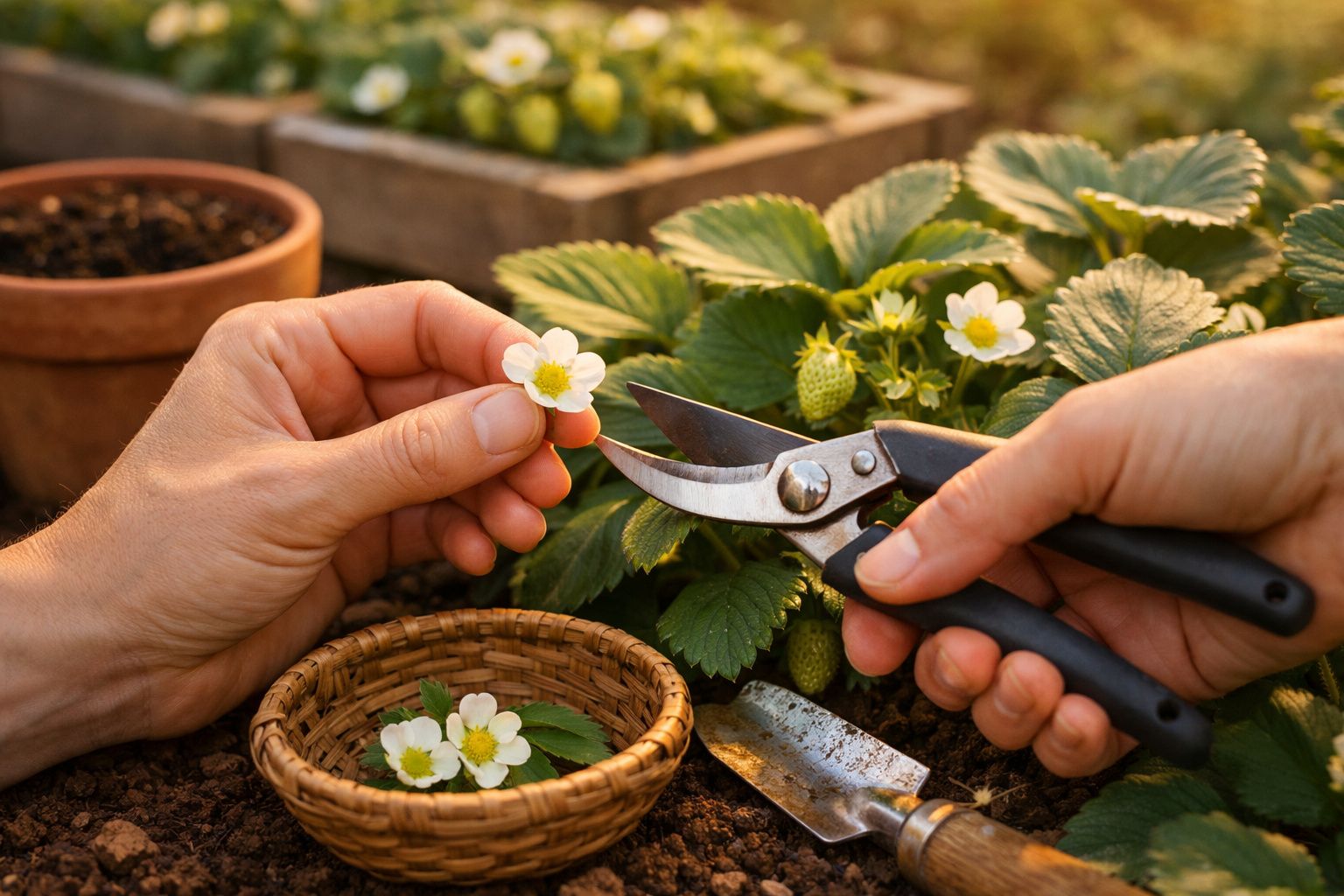 Mãos humanas a apanhar flores brancas de morango com tesoura de poda num jardim iluminado pelo sol.